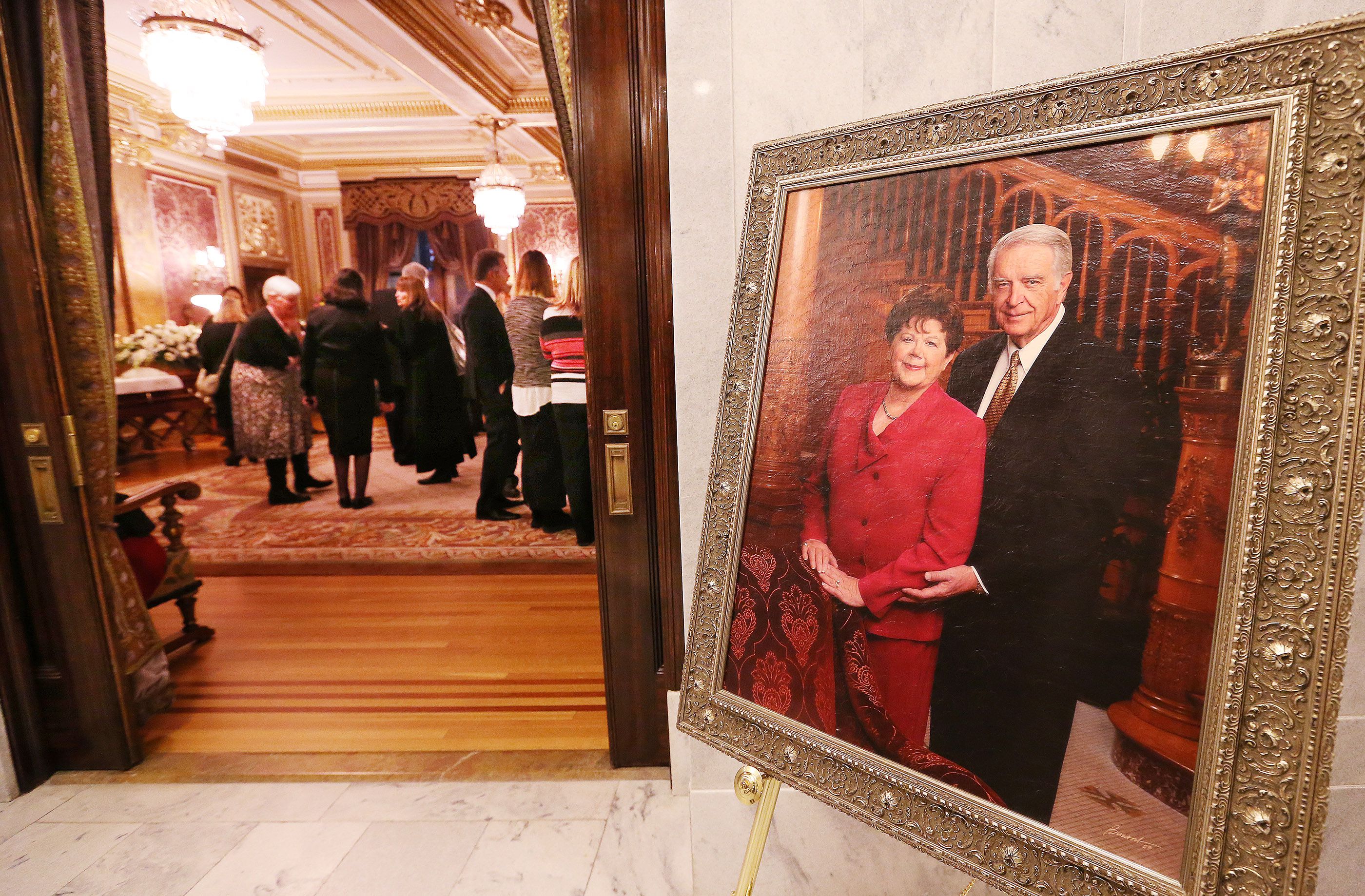 A photo of former Utah Gov. Olene Walker and her husband, Myron, is displayed outside the Gold Room at the Utah State Capitol in Salt Lake City during a public viewing for the politician on Dec. 3, 2015. Walker died from natural causes at age 85.