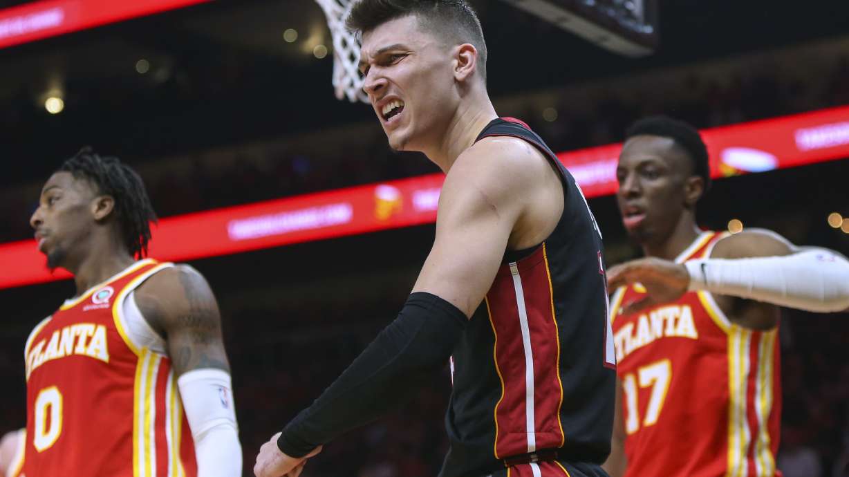 Miami Heat guard Tyler Herro celebrates after a basket during the second half of Game 3 of the team's NBA basketball first-round playoff series against the Atlanta Hawks, Friday, April 22, 2022, in Atlanta.