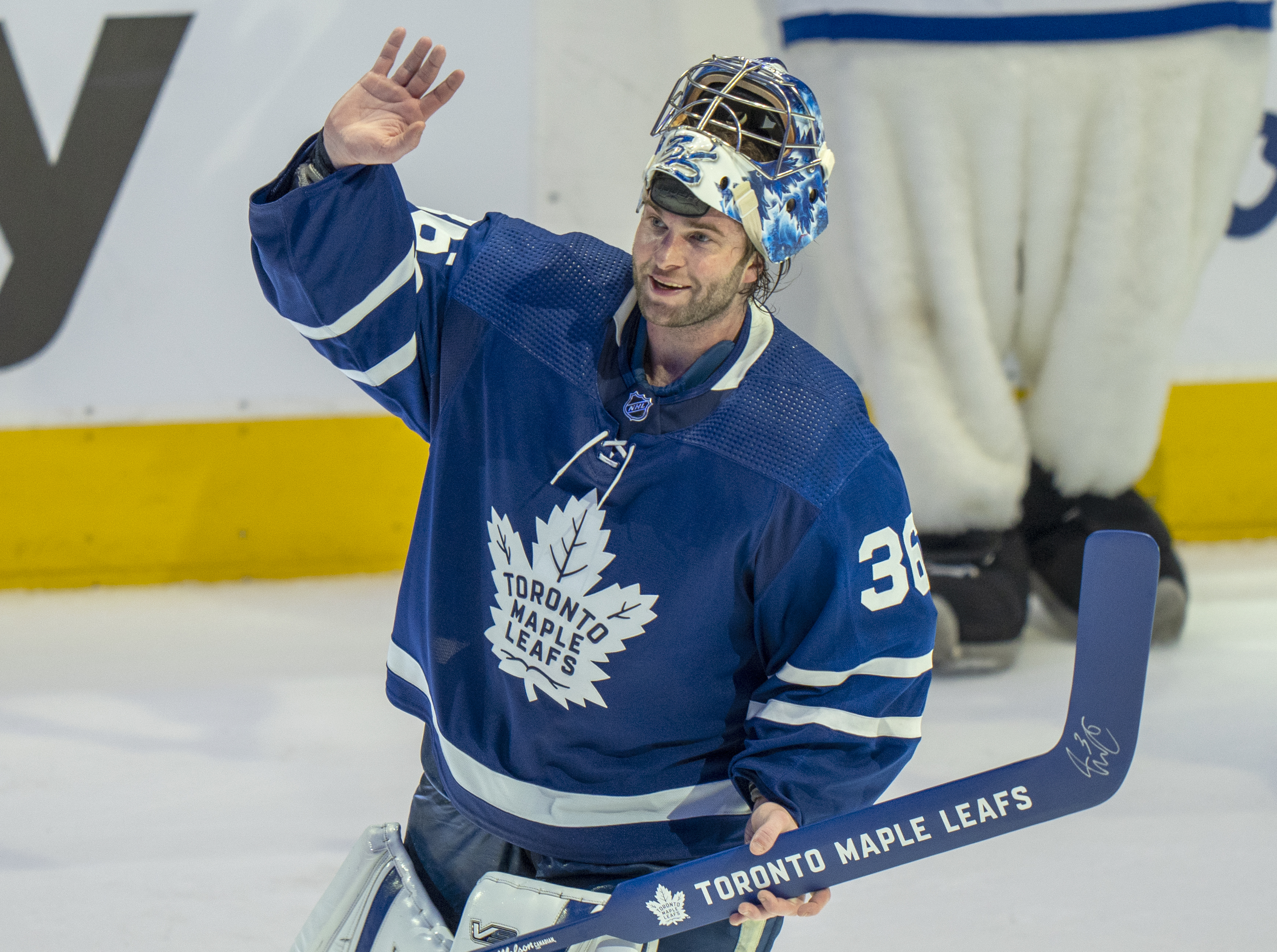 Toronto Maple Leafs goaltender Jack Campbell (36) waves to the crowd after being voted the first star after a shutout performance in a 5-0 win over the Tampa Bay Lightning in Game 1 of an NHL hockey Stanley Cup first-round playoff series, Monday, May 2, 2022 in Toronto. 