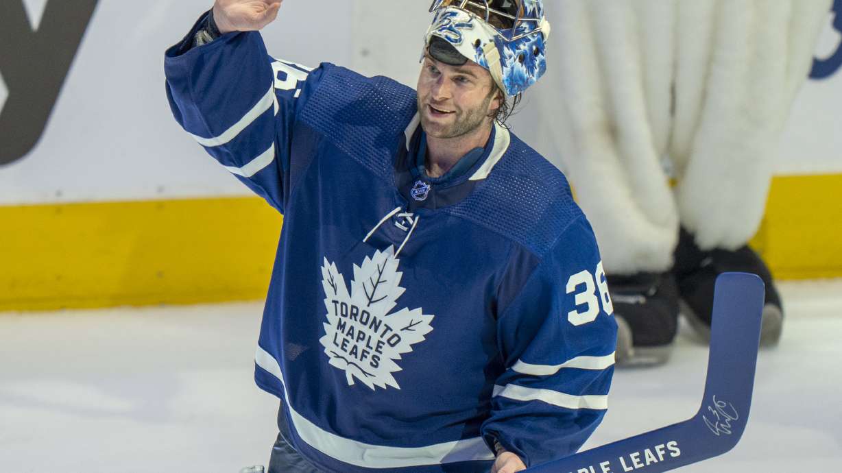 Toronto Maple Leafs goaltender Jack Campbell (36) waves to the crowd after being voted the first star after a shutout performance in a 5-0 win over the Tampa Bay Lightning in Game 1 of an NHL hockey Stanley Cup first-round playoff series, Monday, May 2, 2022 in Toronto.