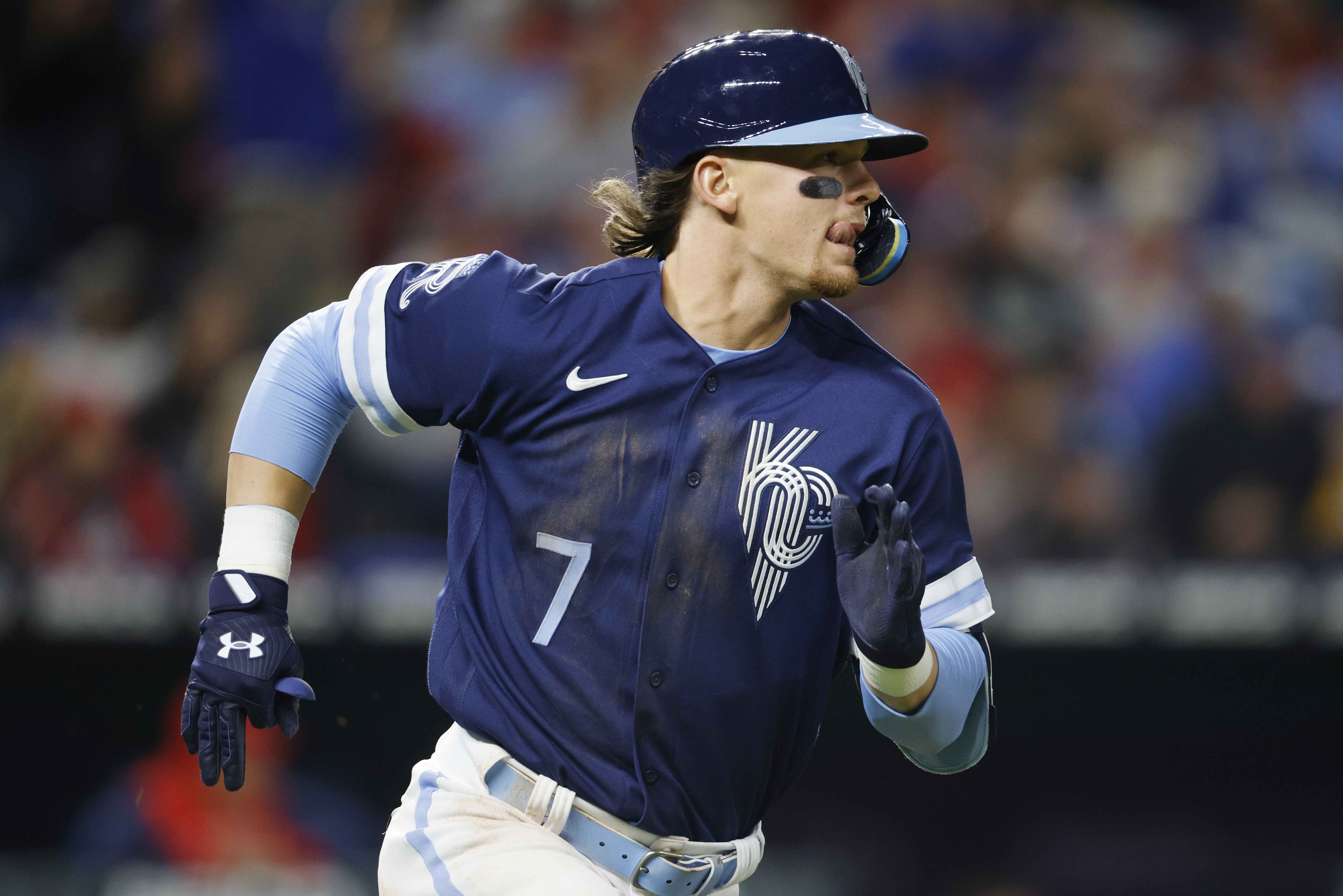 Kansas City Royals' Bobby Witt Jr. runs to first base after hitting an RBI single during the seventh inning of the team's baseball game against the St. Louis Cardinals in Kansas City, Mo., Tuesday, May 3, 2022. 