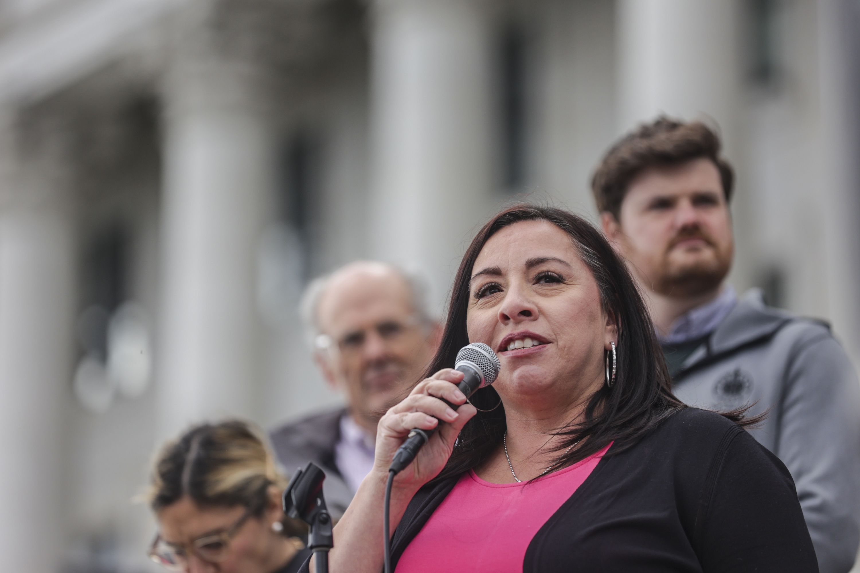 Rep. Angela Romero, D-Salt Lake City, speaks during a rally for abortion rights at the Utah State Capitol in Salt Lake City on Tuesday.