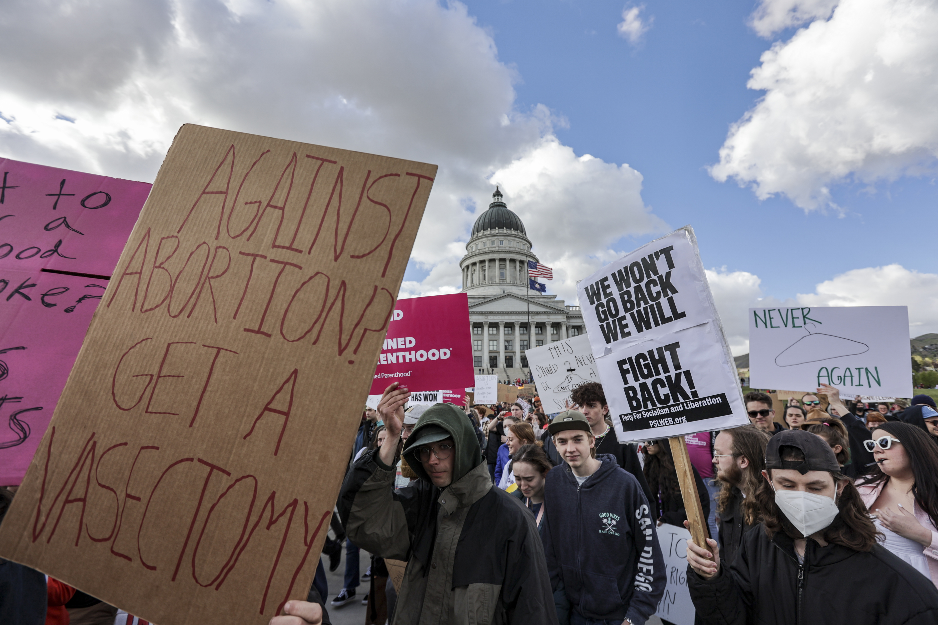 Hundreds of protesters march from the Utah State Capitol to Washington Park in Salt Lake City in support of abortion rights on Tuesday.