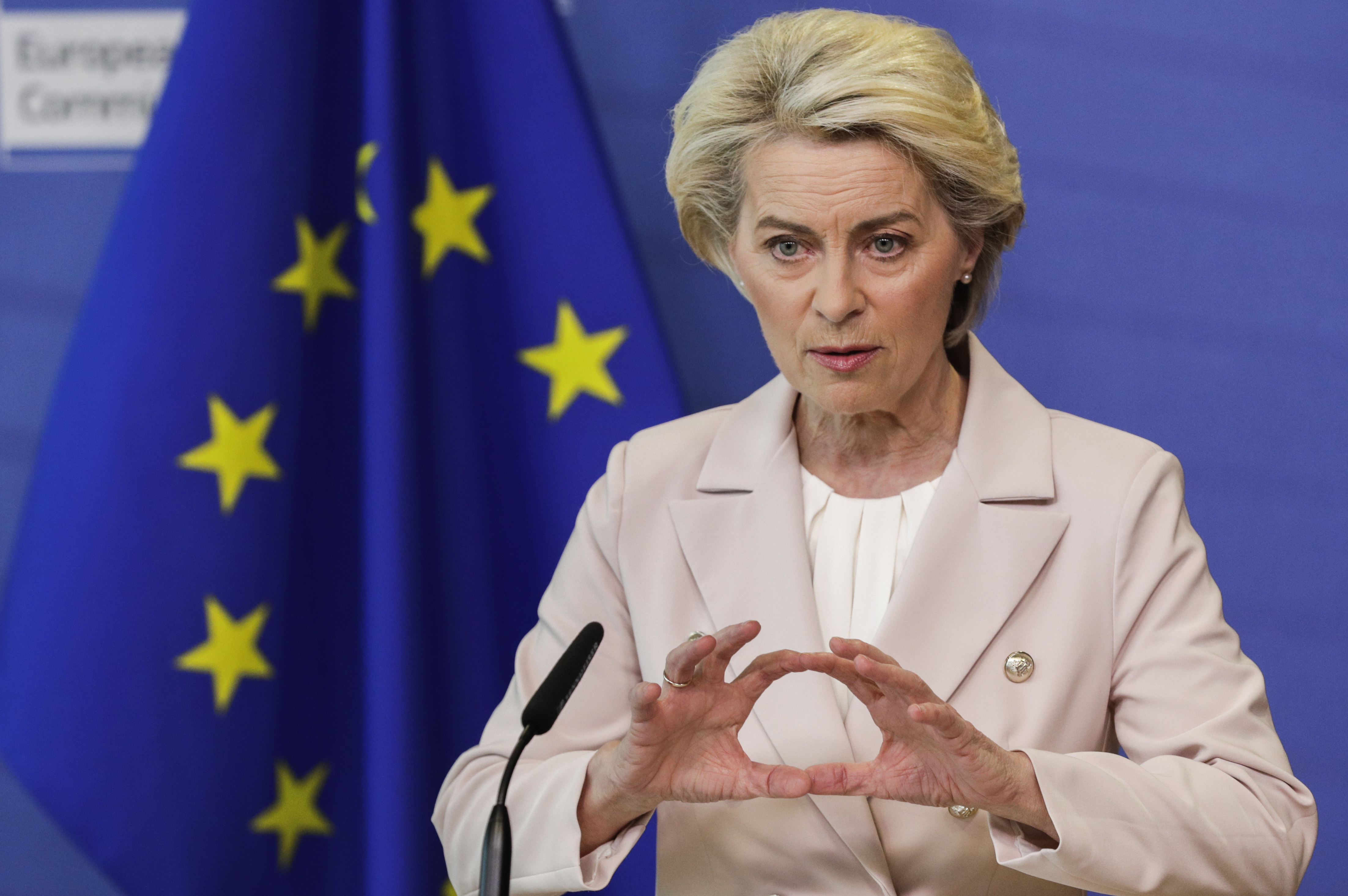 European Commission President Ursula von der Leyen delivers a statement at E.U. headquarters in Brussels, April 27. Russia opened a new front in its war in Ukraine on Wednesday, cutting two European Union nations that staunchly back Kyiv off from its gas.