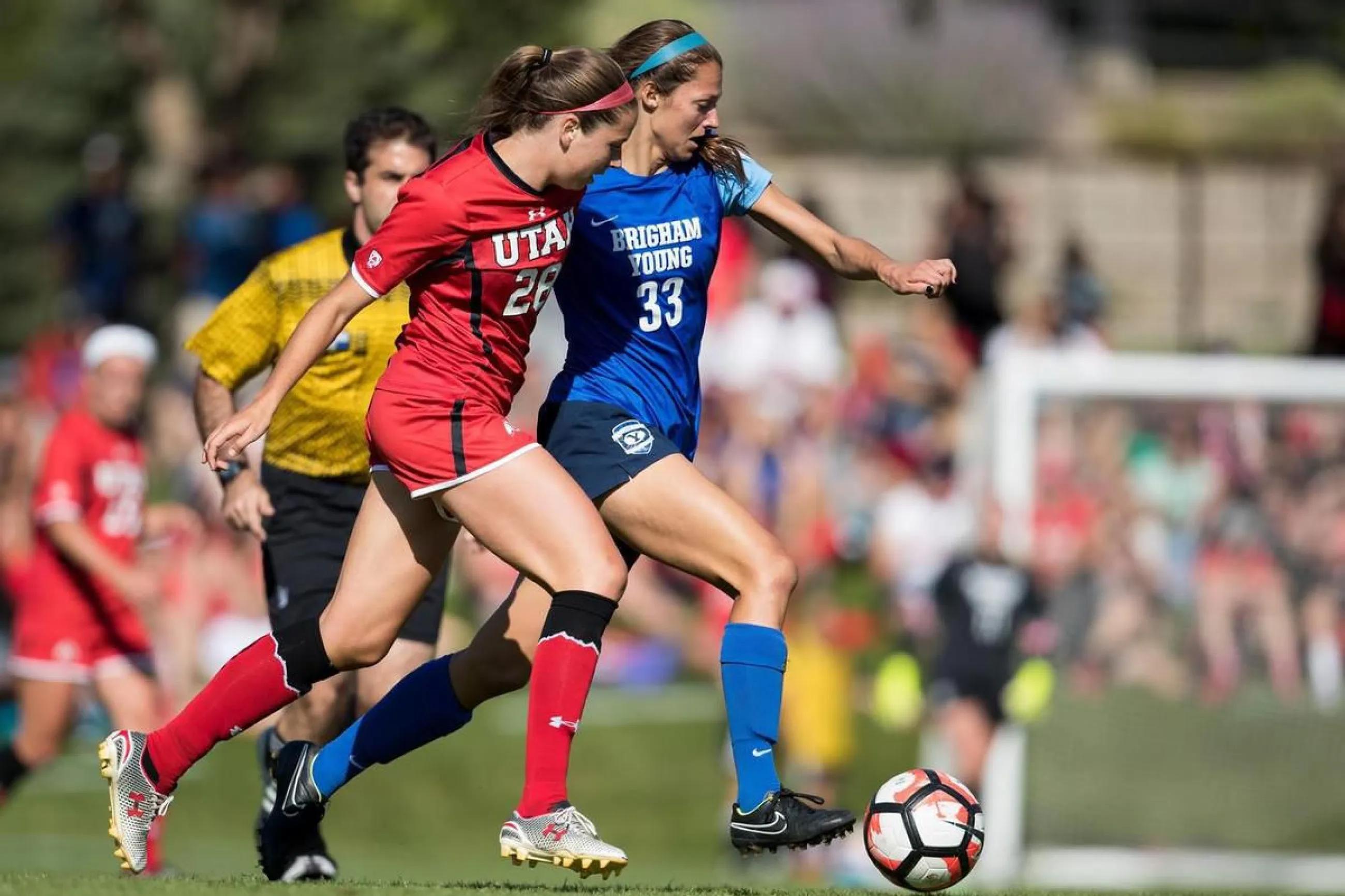 BYU’s Ashley Hatch advances the ball during a game against Utah. The former BYU All-American finished her college playing career in 2016, but recently obtained her degree in family studies