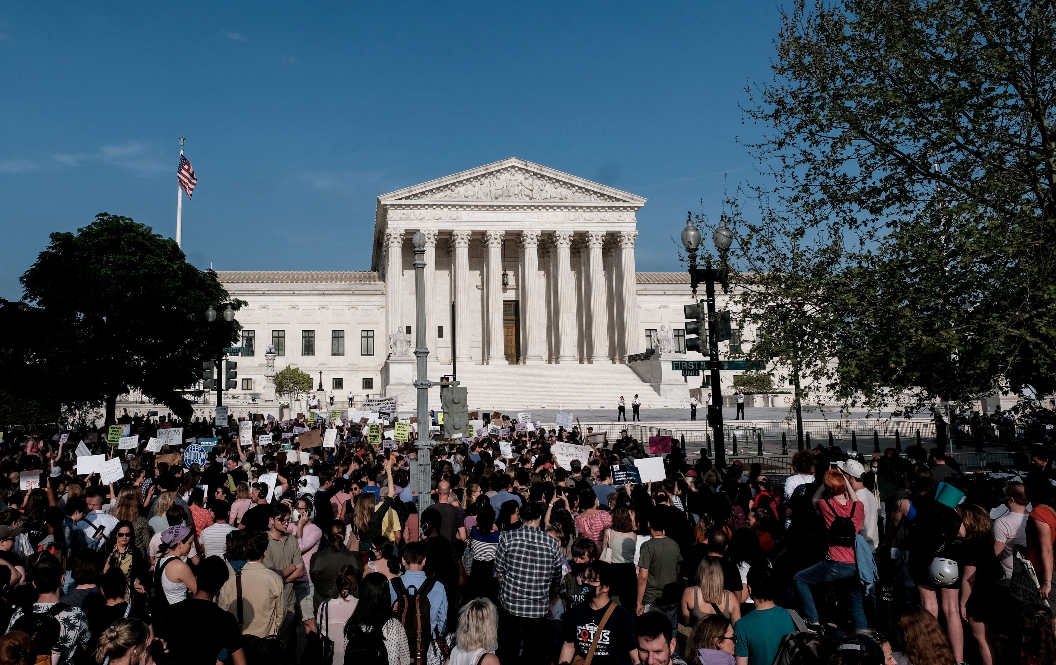 Abortion-rights demonstrators protest outside the U.S. Supreme Court after the leak of a draft majority opinion written by Justice Samuel Alito preparing for a majority of the court to overturn the landmark Roe v. Wade abortion rights decision later this year, in Washington, Tuesday. 