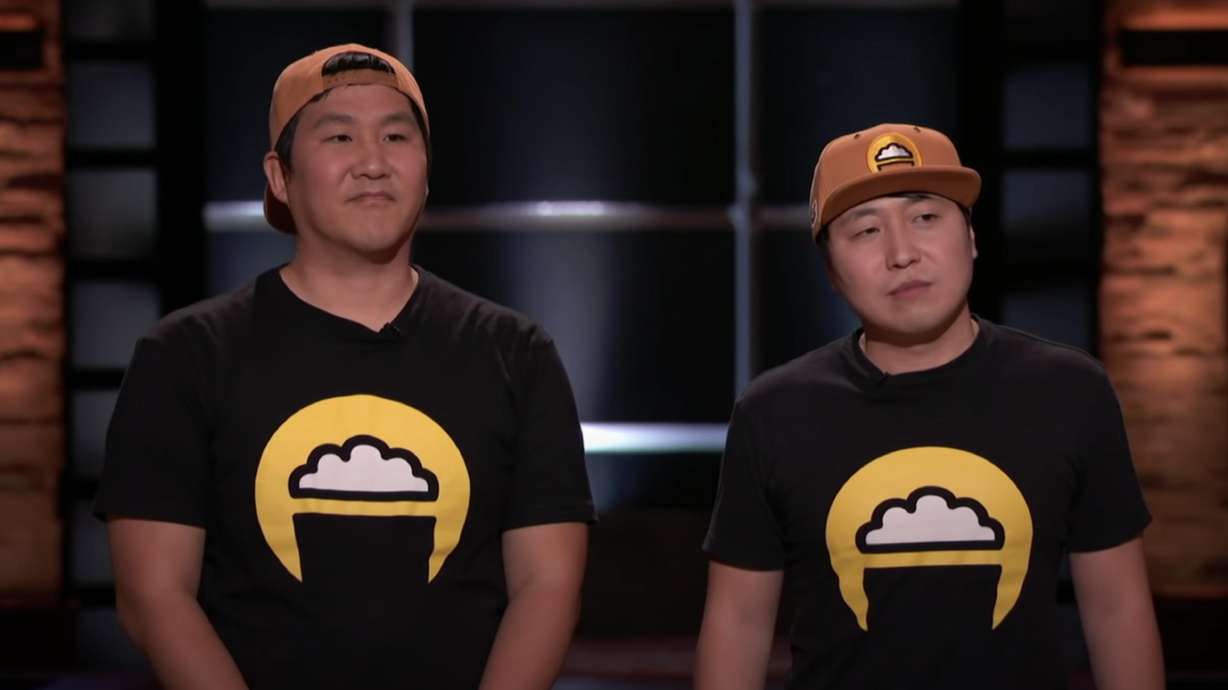Jung Song, left, and Dok Kwon, right, pitch Cupbop to the "sharks" during an episode of ABC's "Shark Tank."