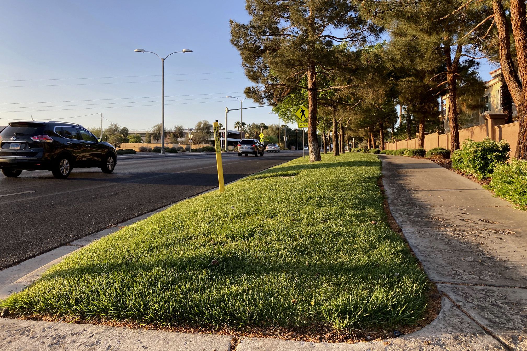 Traffic passes a grassy landscape on Green Valley Parkway in suburban Henderson, Nev., April 9, 2021. By 2027, more than 5,000 acres of what are deemed useless or simply ornamental turf will be ripped out of the Las Vegas Valley in what is the nation's first outright prohibition of turf in certain areas.