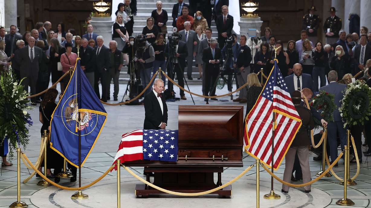 Brent O. Hatch, the oldest son of Sen. Orrin Hatch and Elaine Hatch, takes a moment with his father at the Capitol in Salt Lake City on Wednesday. Hatch, the longest-serving Republican senator in U.S. history and the longest-serving from Utah, died April 23 at age 88.
