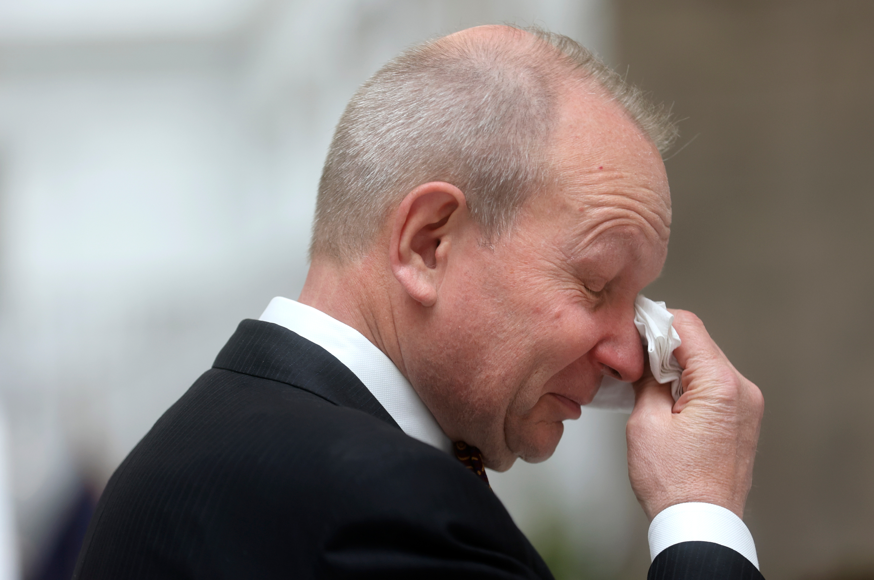 Brent O. Hatch, the oldest son of Sen. Orrin Hatch and Elaine Hatch, wipes tears from his eyes after speaking to reporters prior to the senator’s viewing at the Capitol in Salt Lake City on Wednesday. Hatch, the longest-serving Republican senator in U.S. history and the longest-serving from Utah, died April 23 at age 88.