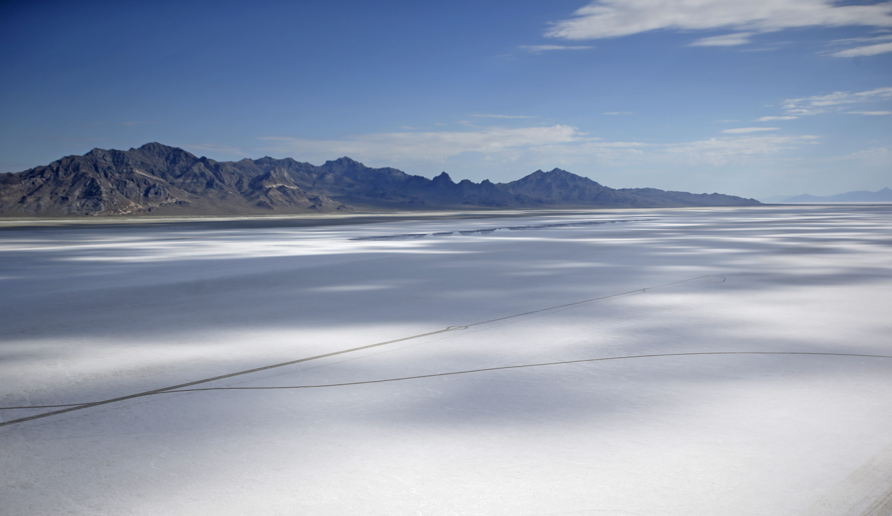An aerial view of the Bonneville Salt Flats in Utah's West Desert on July 22, 2015. The area was prehistorically a wetland before it and Lake Bonneville disappeared.
