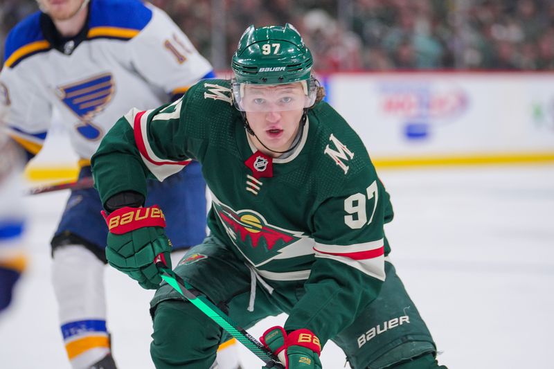 May 4, 2022; Saint Paul, Minnesota, USA; Minnesota Wild left wing Kirill Kaprizov (97) skates after the puck against the St. Louis Blues in the second period in game two of the first round of the 2022 Stanley Cup Playoffs at Xcel Energy Center.