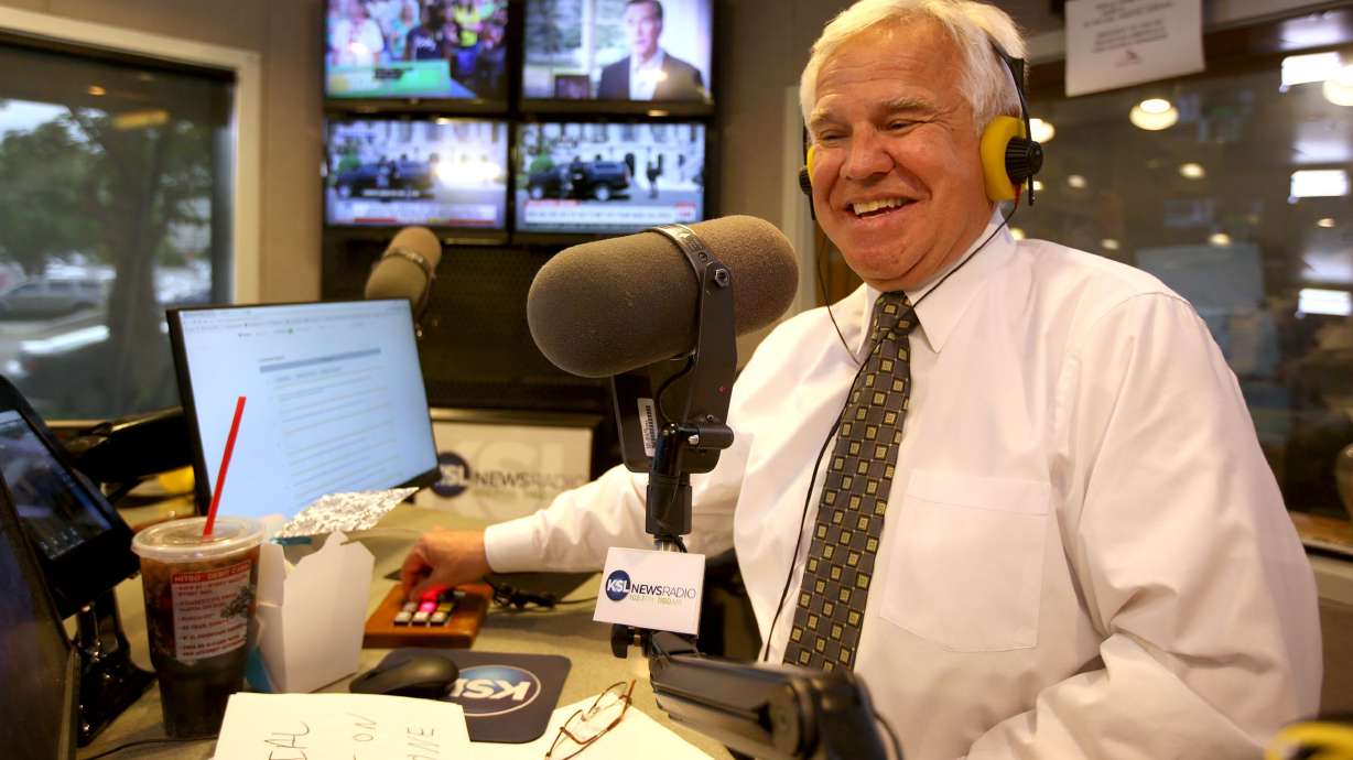 KSL Newsradio’s Doug Wright hosts “The Doug Wright Show” from the Triad Center in Salt Lake City on June 1, 2018, his last day hosting his daily radio show. Wright will take part in KSL’s 100th anniversary celebration on May 6.