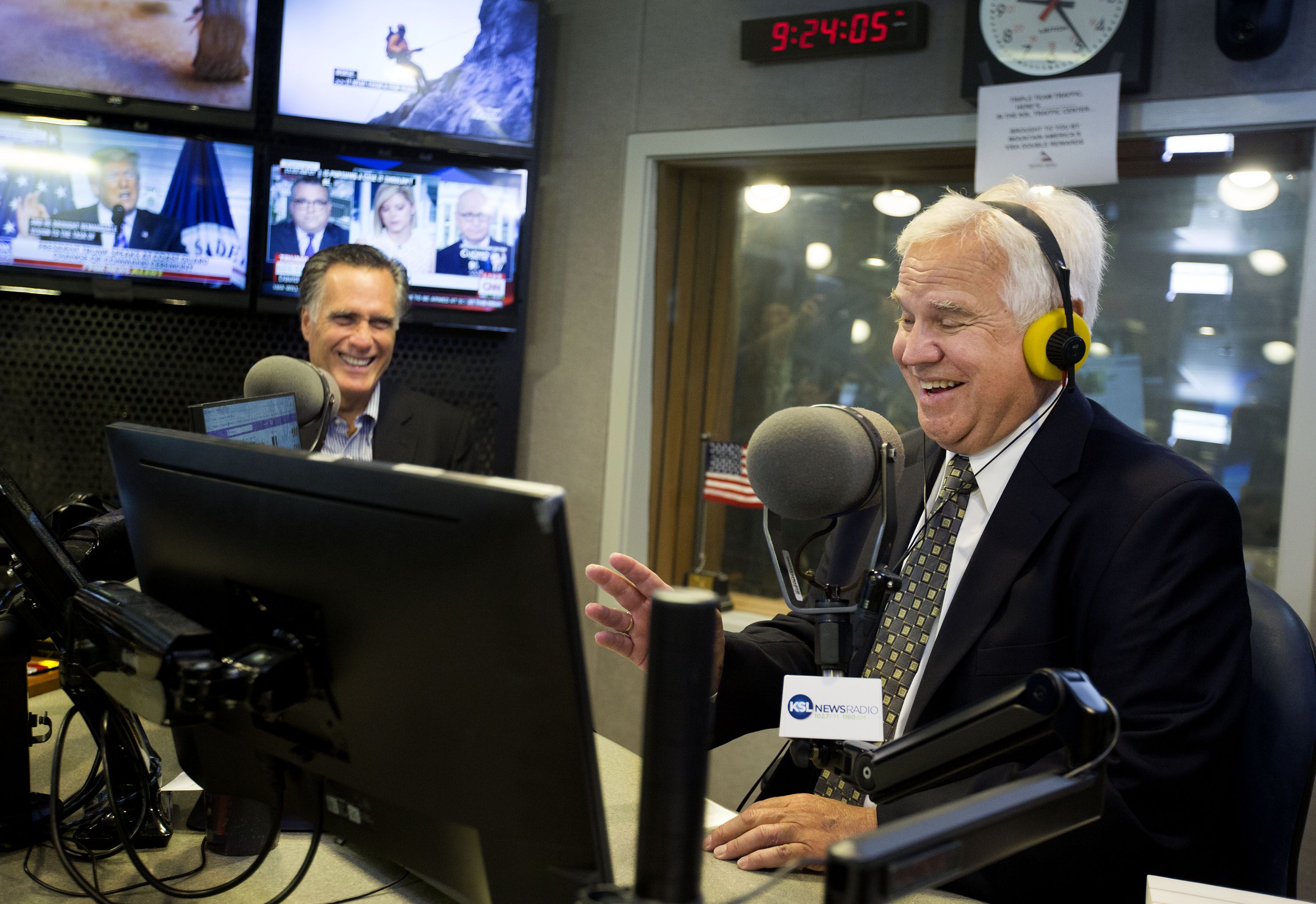 Sen. Mitt Romney joins Doug Wright to celebrate Wright’s 40 years at KSL Newsradio at the Triad Center in Salt Lake City on June 1, 2018. KSL is celebrating its 100th anniversary this year.