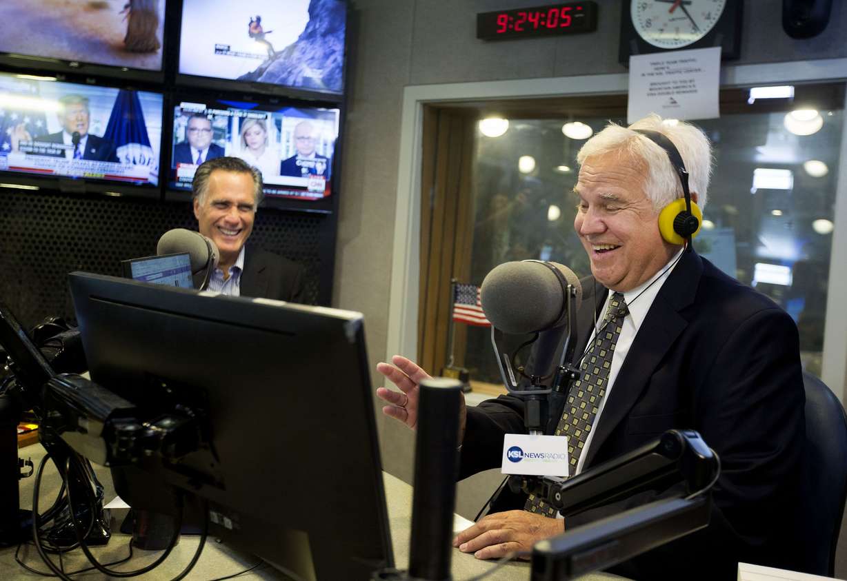 Sen. Mitt Romney joins Doug Wright to celebrate Wright’s 40 years at KSL Newsradio at the Triad Center in Salt Lake City on June 1, 2018. KSL is celebrating its 100th anniversary this year.
