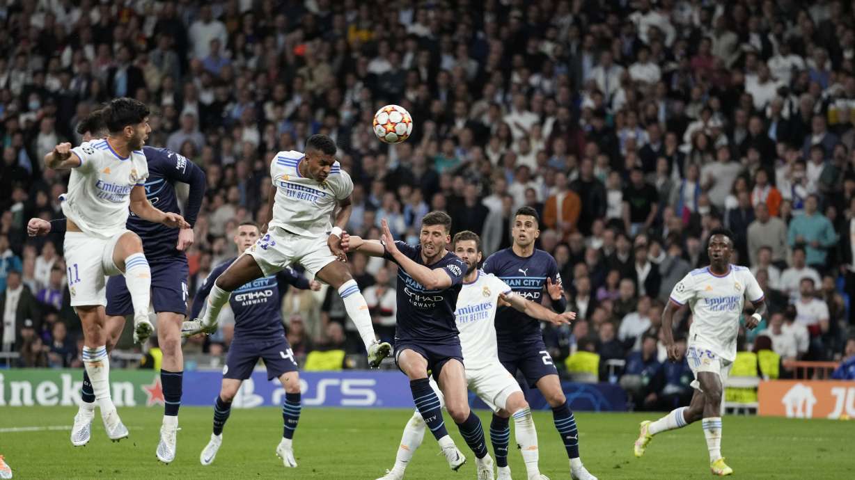 Rodrygo del Real Madrid anota el segundo gol ante Manchester City en las semifinales de la Liga de Campeones, el miércoles 4 de marzo de 2022.