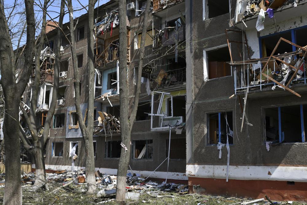 A view of an apartment building destroyed by night shelling in Kramatorsk, Ukraine, Thursday. Heavy fighting raged Thursday at the shattered steel plant in Mariupol as Russian forces attempted to finish off the city's last-ditch defenders.