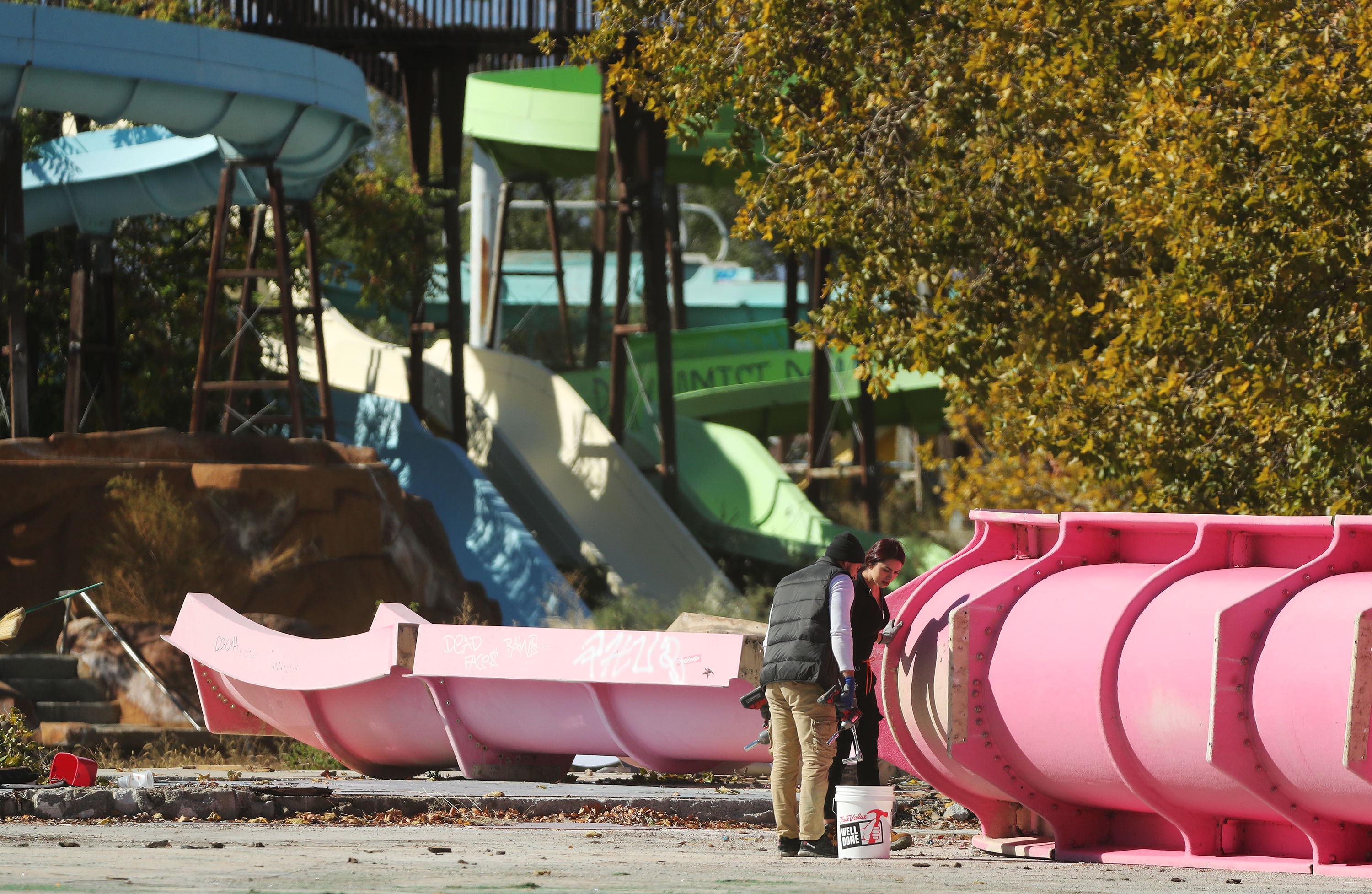 Workers tear down the old Raging Waters/Seven Peaks water park in Salt Lake City on Oct. 15, 2021. Salt Lake City Public Lands officials say a public pool and water features were the top response in public comments on what residents want from a new regional park replacing the water park.
