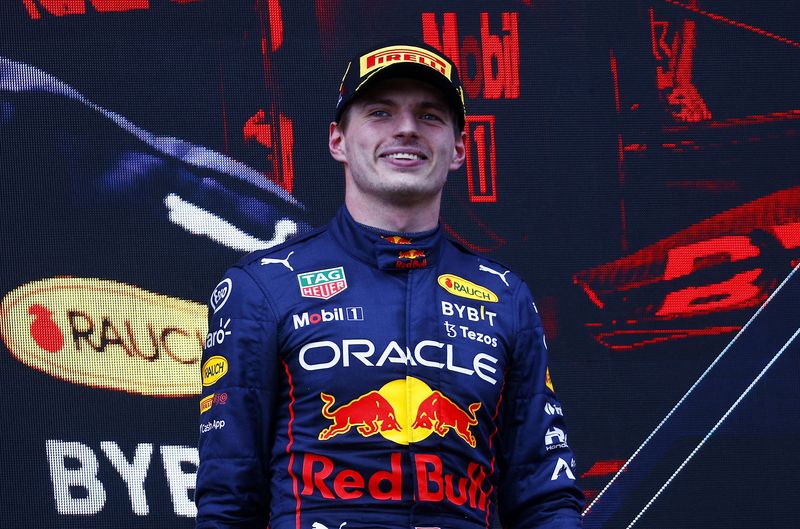 FILE PHOTO: Formula One F1 - Emilia Romagna Grand Prix - Autodromo Enzo e Dino Ferrari, Imola, Italy - April 24, 2022 Red Bull's Max Verstappen celebrates on the podium after winning the race