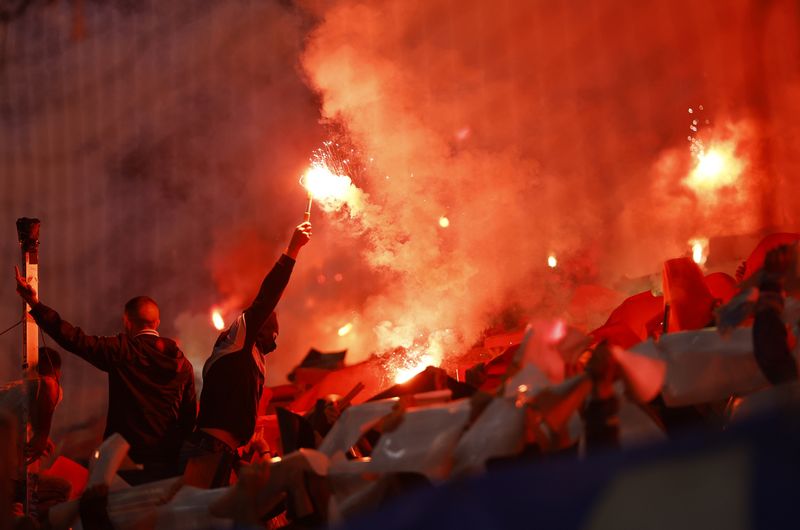 Soccer Football - Europa Conference League - Semi Final - Second Leg - Olympique de Marseille v Feyenoord - Orange Velodrome, Marseille, France - May 5, 2022 Fans with flares in the stands inside the stadium before the match