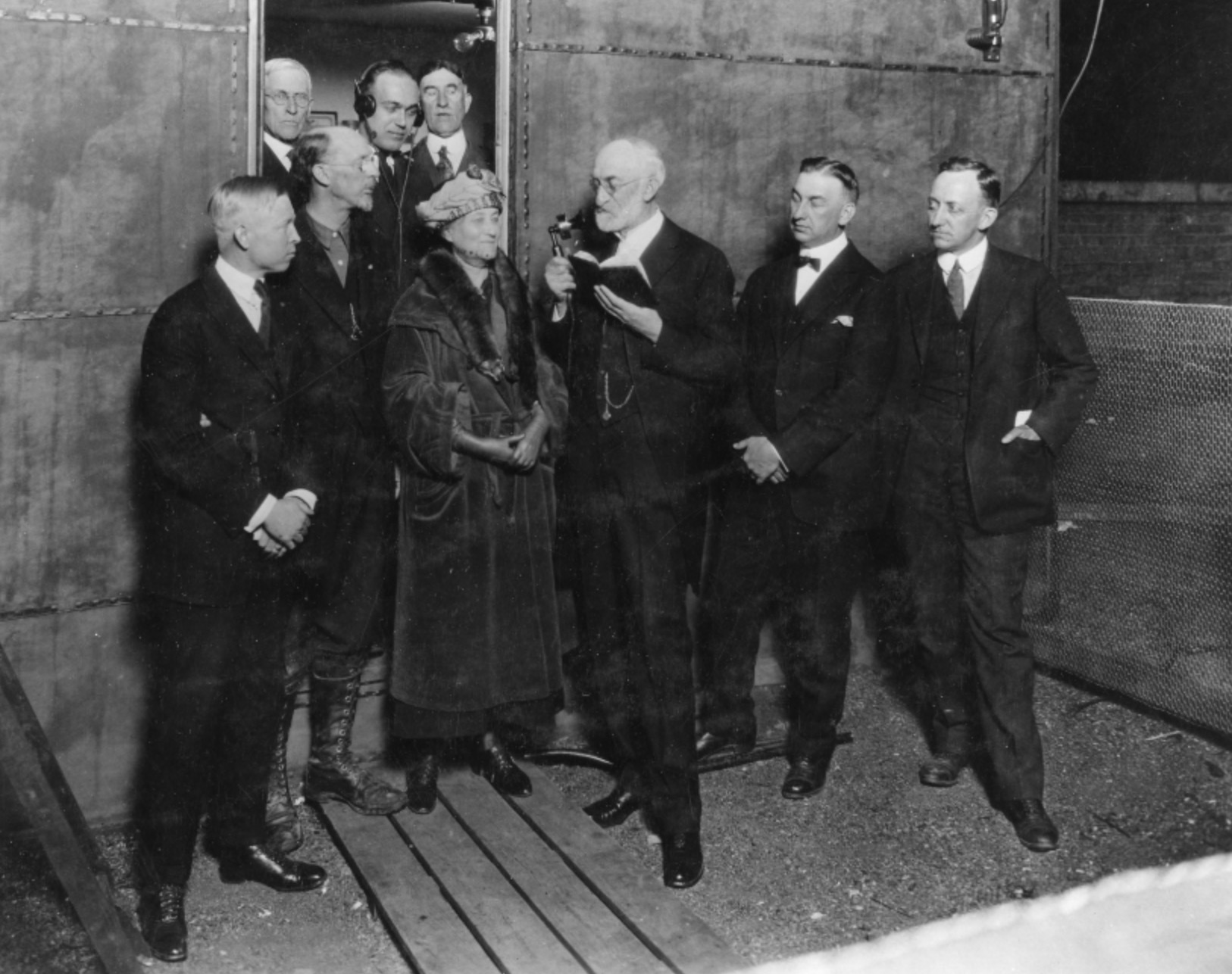 Heber J. Grant, president of The Church of Jesus Christ of Latter-day Saints, speaks into a KZN microphone during the station's first broadcast on Friday. KZN, which became KSL in 1924, turns 100 on Friday. 