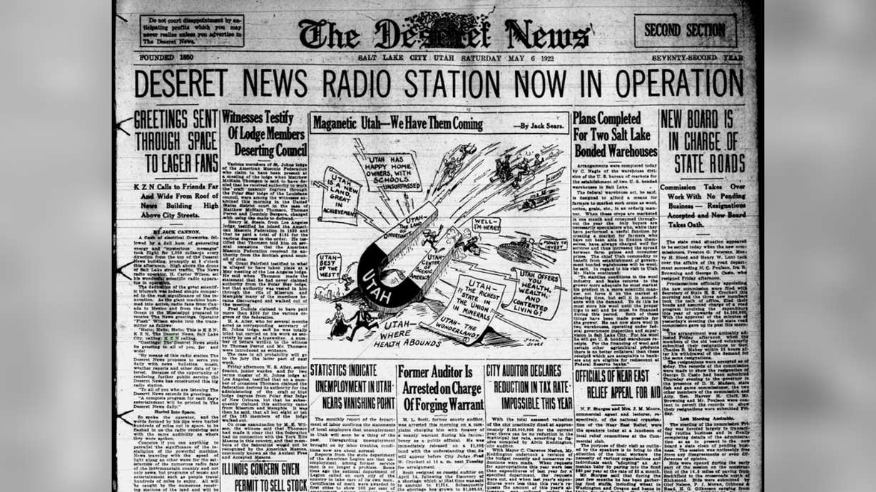 The front page of the Deseret News on Saturday, May 6, 1922. The top headline announces the launch of KZN, which is now KSL NewsRadio.