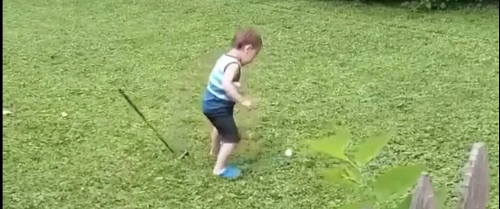 A toddler gets introduced to the world of golf.