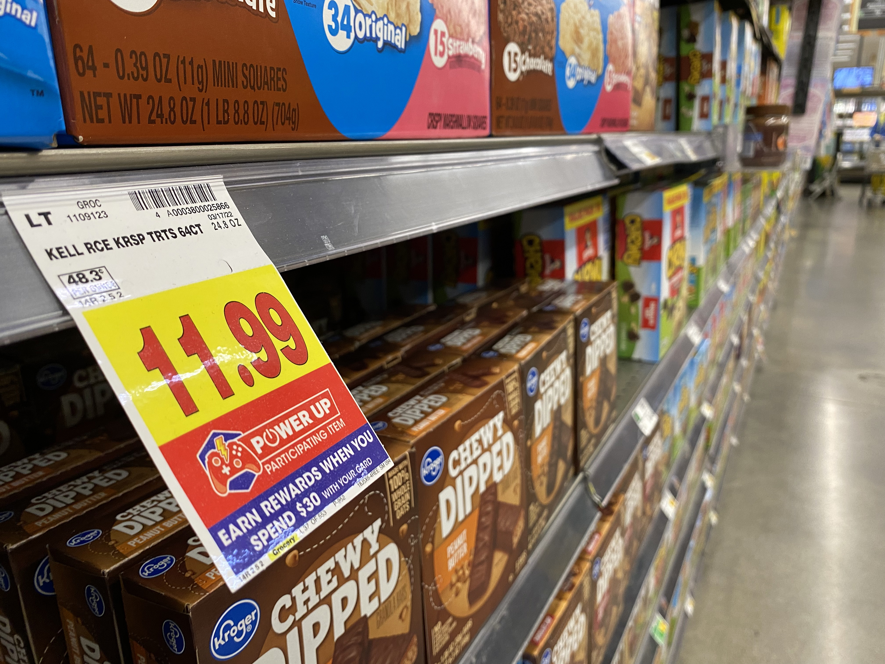 The price of large box of Rice Krispies Treats is pictured at a local grocery store in Salt Lake City on April 11. Following through on its promise of aggressive action aiming to staunch record-high U.S. inflation, the Federal Reserve bumped its benchmark lending rate .5% on Wednesday.