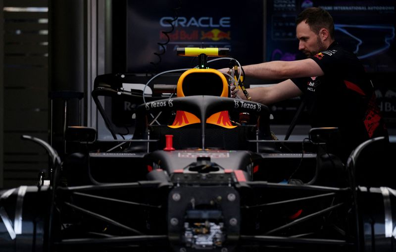 Formula One F1 - Miami Grand Prix - Miami International Autodrome, Miami, Florida, U.S. - May 5, 2022 Red Bull's mechanics on the pit lane ahead of the Miami Grand Prix