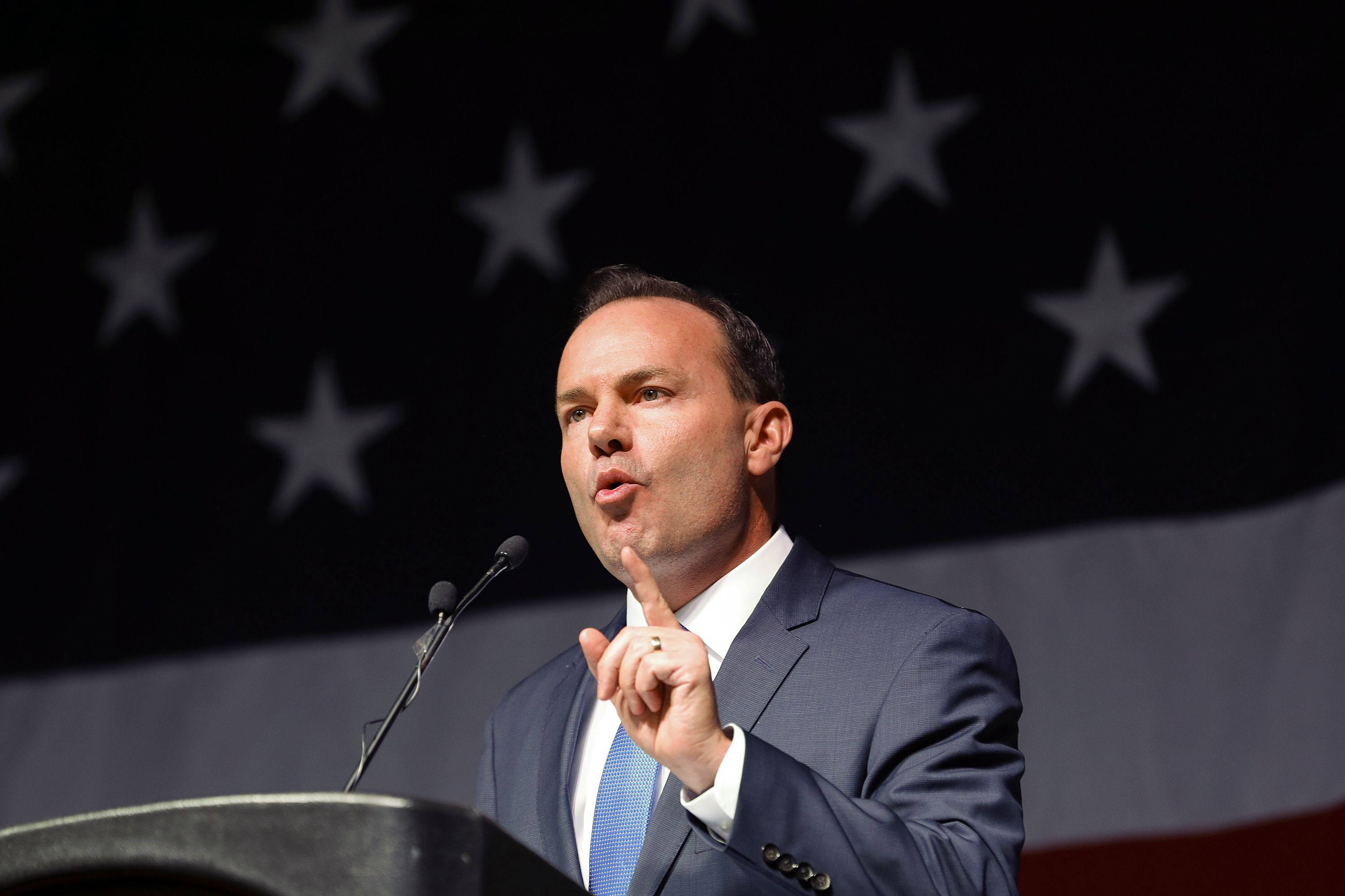 Sen. Mike Lee speaks to delegates at the GOP State Convention at the Mountain America Exposition Center in Sandy on April 23. A leaked draft opinion overturning Roe v. Wade was meant to “threaten and intimidate” the U.S. Supreme Court, Lee said Thursday.