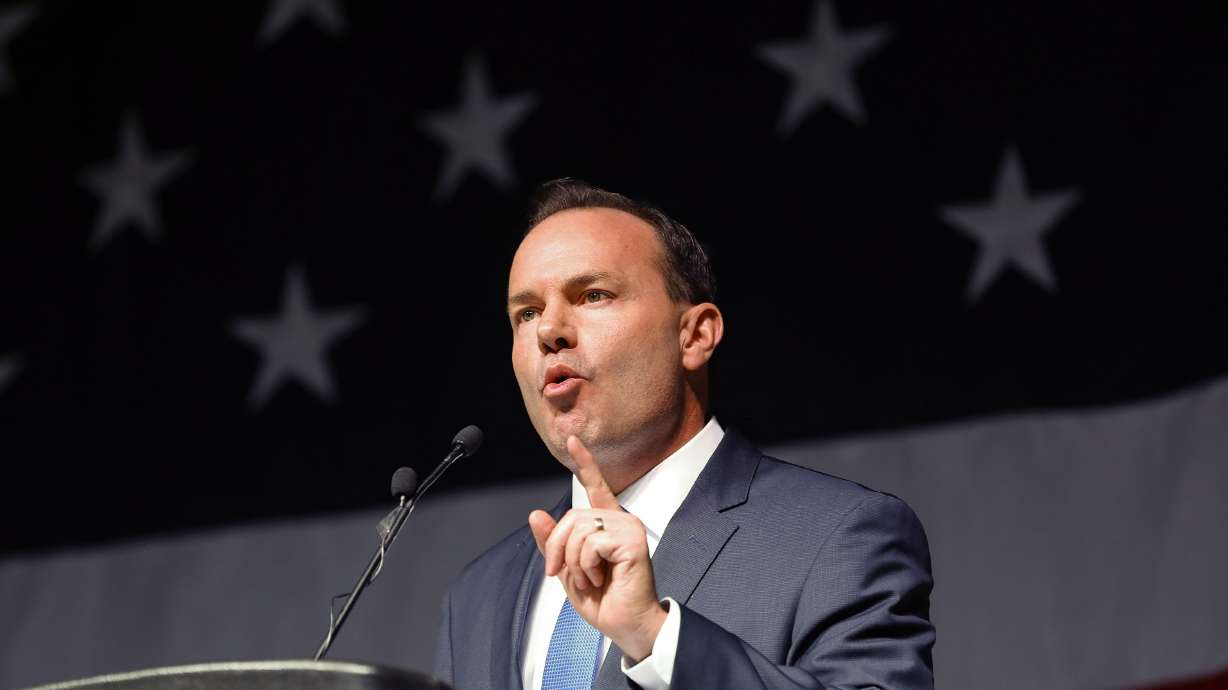 Sen. Mike Lee speaks to delegates at the GOP State Convention at the Mountain America Exposition Center in Sandy on April 23. A leaked draft opinion overturning Roe v. Wade was meant to “threaten and intimidate” the U.S. Supreme Court, Lee said Thursday.