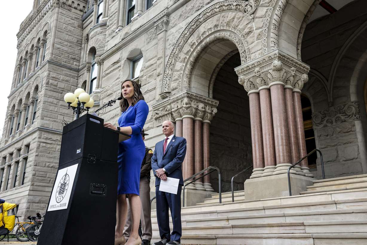 Salt Lake City Mayor Erin Mendenhall urges Utahns to drive with caution after a recent increase in auto-pedestrian deaths, during a press conference at the City-County Building in Salt Lake City on Thursday.