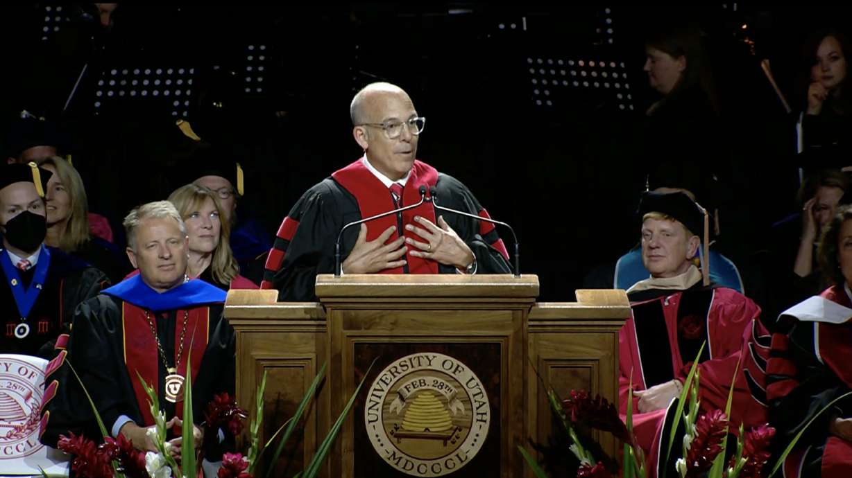 Nintendo of America President Doug Bowser gives his keynote speech to the University of Utah graduating class on Thursday during the commencement ceremony at the Jon M. Huntsman Center.