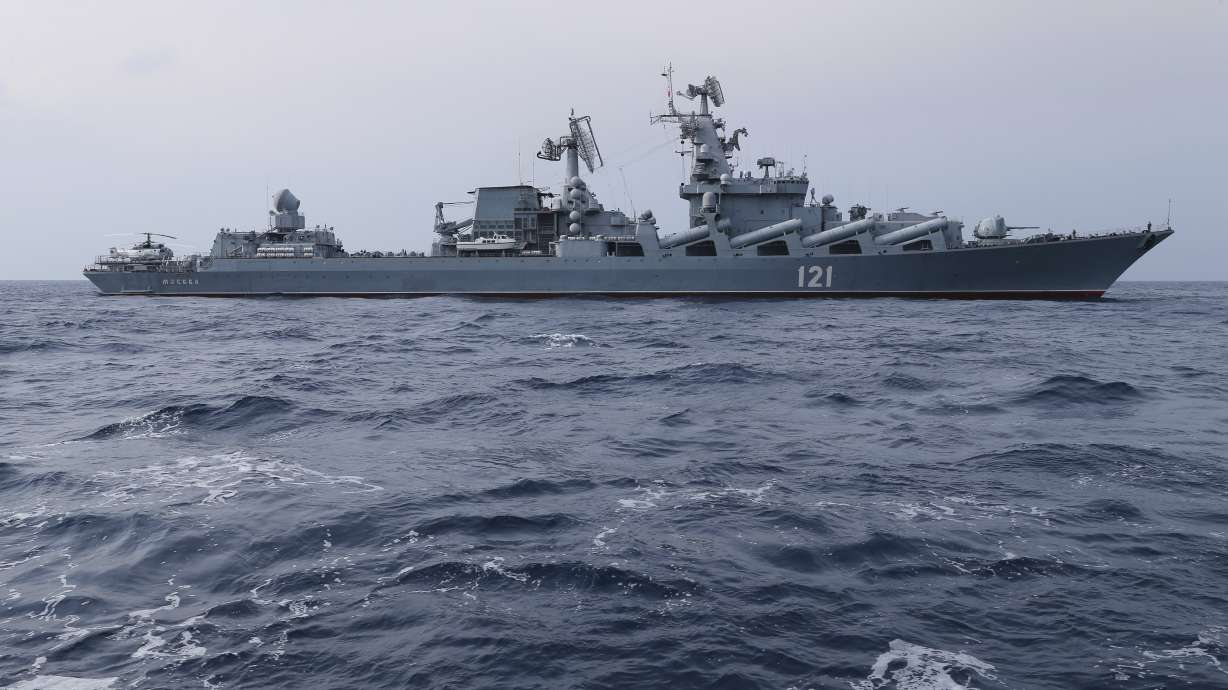 The Russian navy missile cruiser Moskva is on patrol in the Mediterranean Sea near the Syrian coast on Dec. 17, 2015. The U.S. says it shared intelligence with Ukraine about the location of the Russian missile cruiser Moskva before the strike that sank the warship.