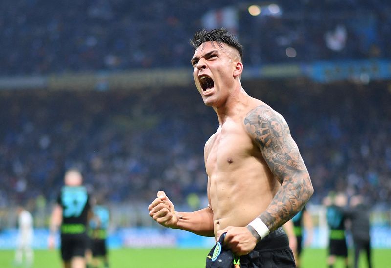 Soccer Football - Serie A - Inter Milan v Empoli - San Siro, Milan, Italy - May 6, 2022  Inter Milan's Lautaro Martinez celebrates scoring their third goal
