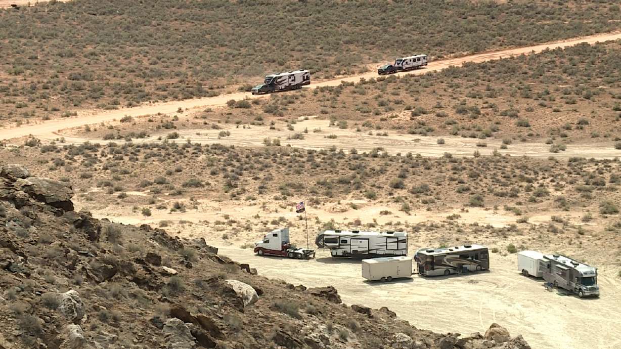 Recreation vehicles parked where Utahraptor State Park is located northwest of Moab on July 15, 2021. There will be a $15 overnight camping fee at the park beginning May 15.