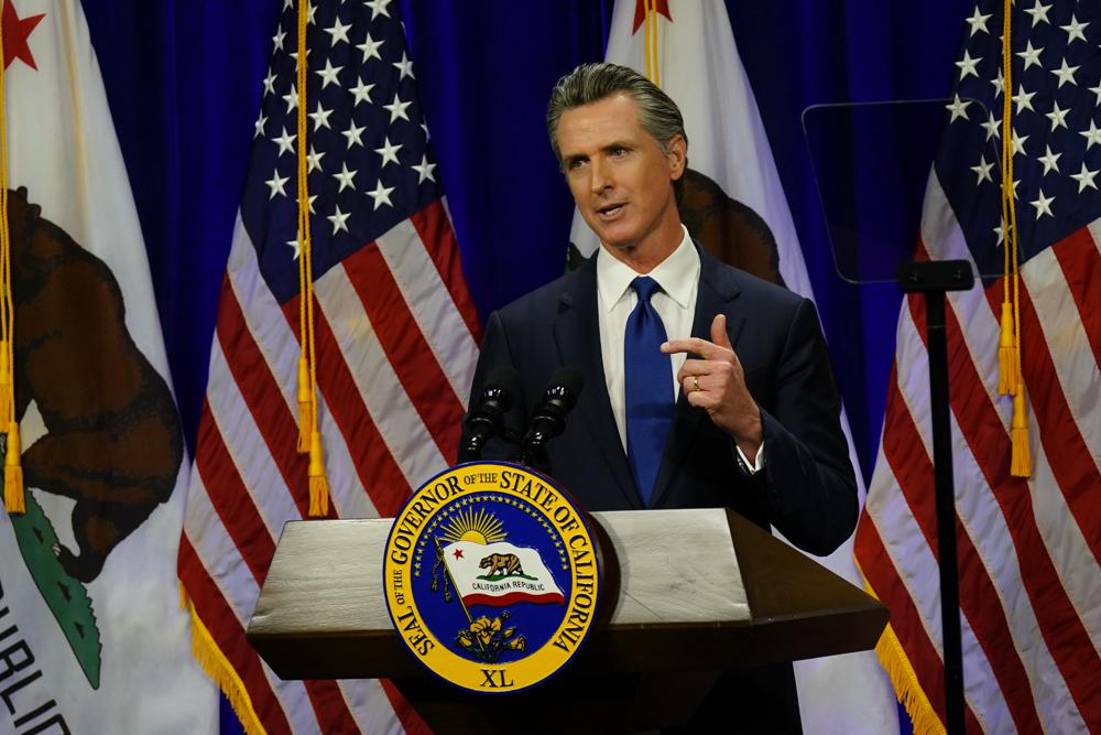 California Gov. Gavin Newsom delivers his annual State of the State address in Sacramento, Calif., March 8. Newsom has vowed to make the state a sanctuary for women seeking abortions in states where the procedure might be outlawed. Pres. Joe Biden is facing his limited power to enact policies promised before the election.