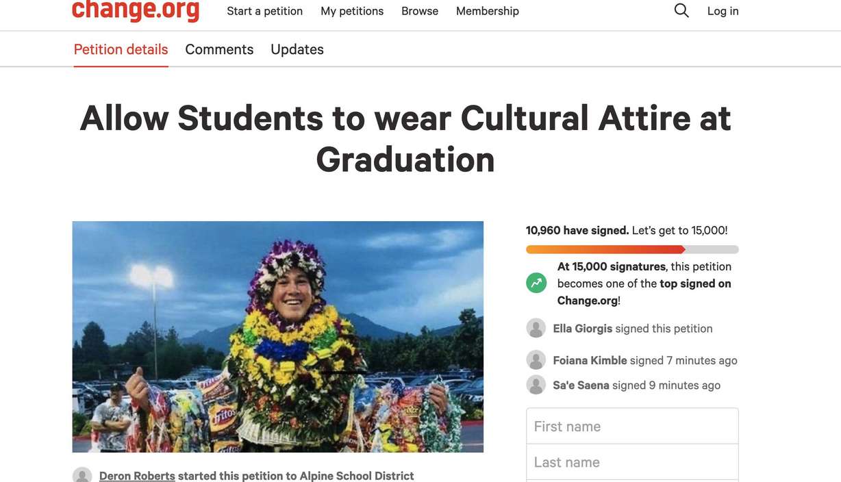 Une pétition déposée sur Change.org pour permettre aux étudiants de porter des vêtements culturels lors de leurs cérémonies de remise des diplômes présente une image de Finehafo'ou Malohifo', diplômé de Westlake High School en 2018.