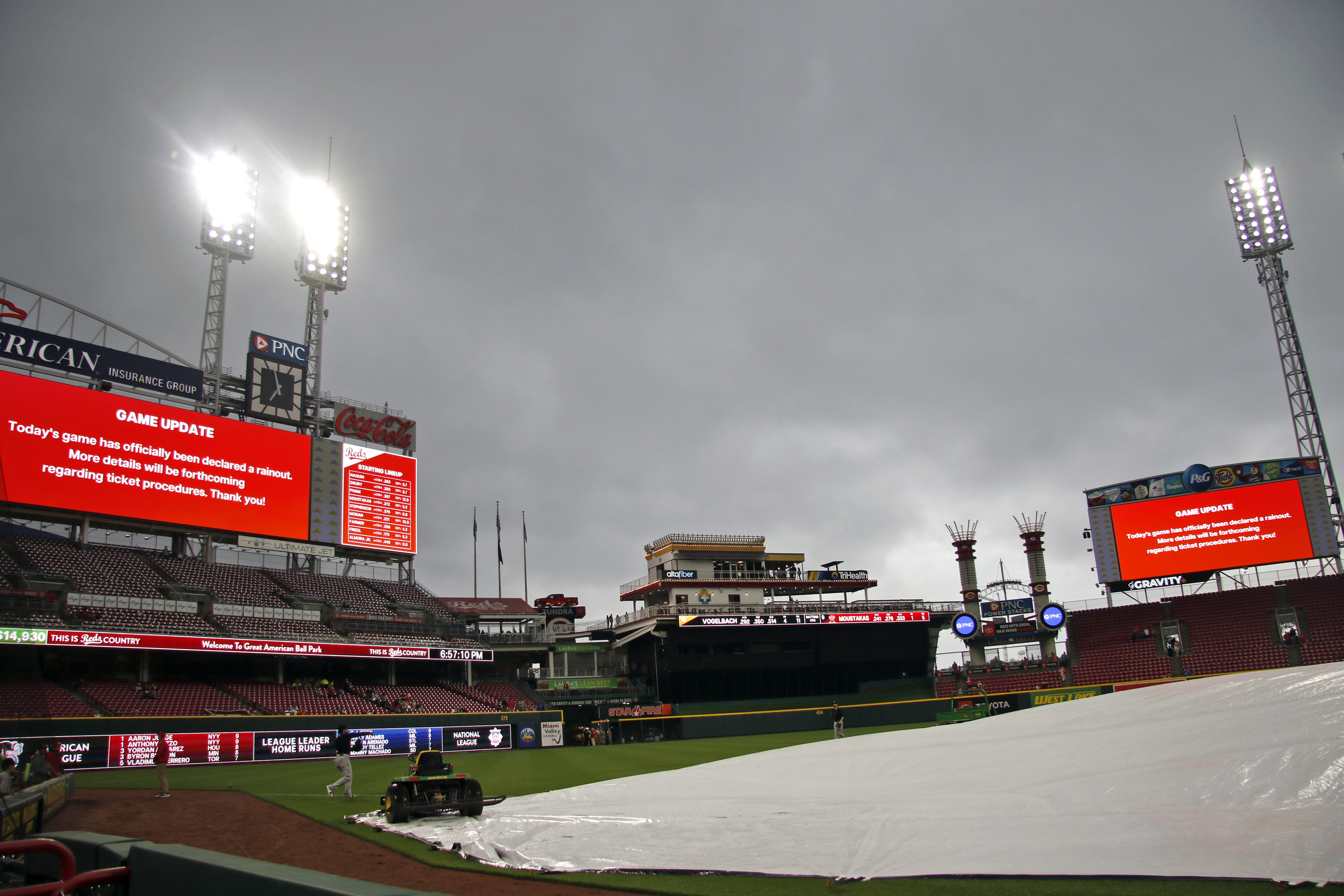 The scoreboards announce that the Pittsburgh Pirates against the Cincinnati Reds baseball game has been officially declared a rainout Friday, May 6, 2022, in Cincinnati. 