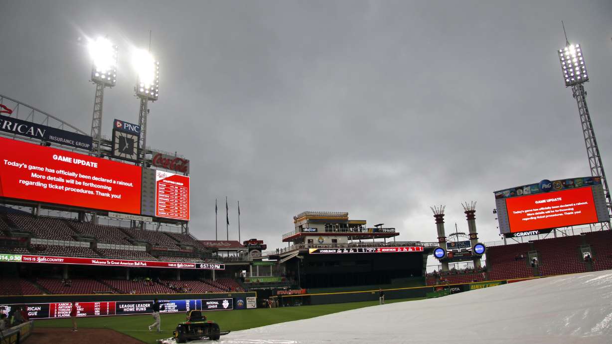 The scoreboards announce that the Pittsburgh Pirates against the Cincinnati Reds baseball game has been officially declared a rainout Friday, May 6, 2022, in Cincinnati.