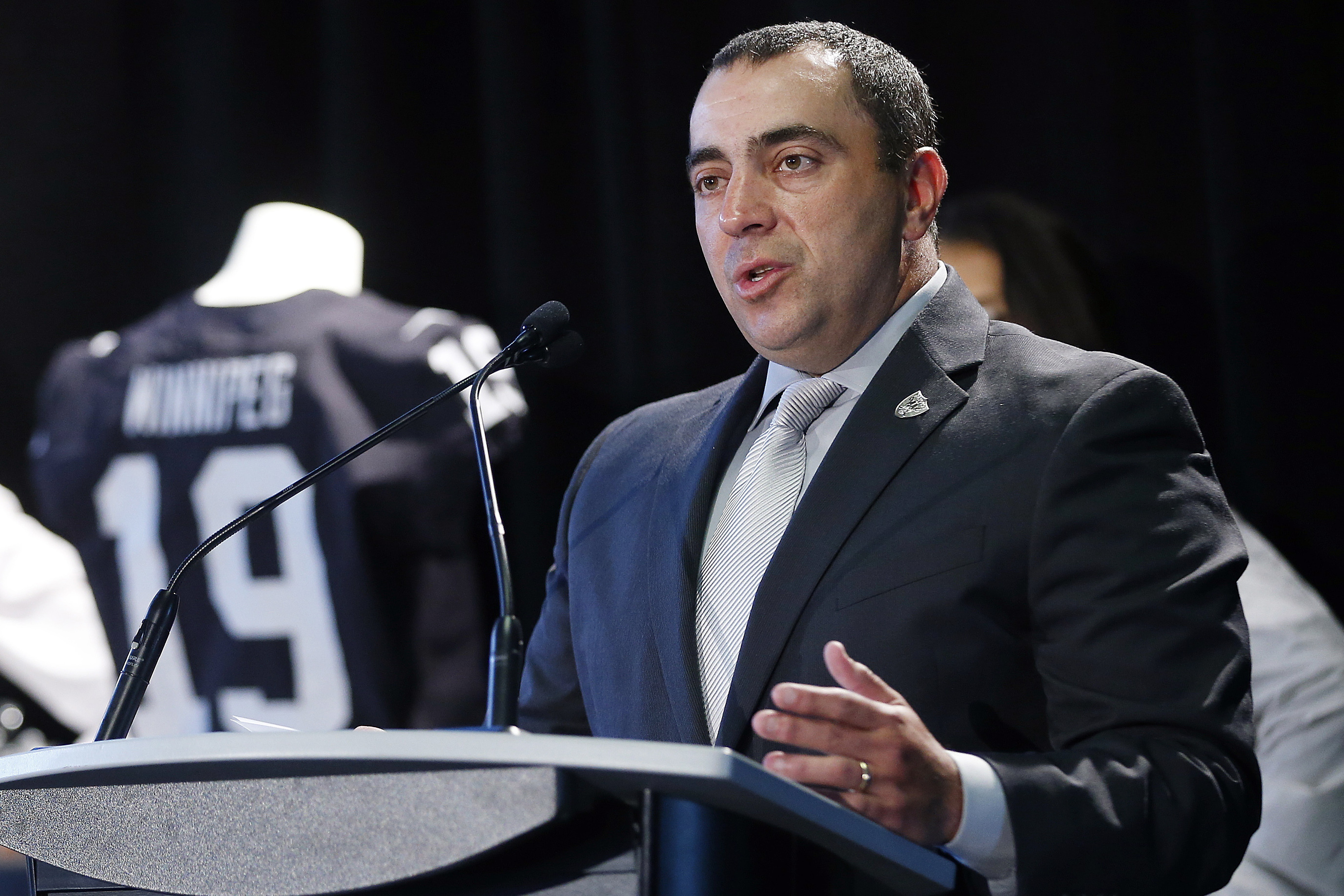 FILE - Dan Ventrelle, of the Oakland Raiders, speaks to the media, on June 5, 2019, at a press conference in Winnipeg, Manitoba. Ventrelle, the team president, has left the organization less than a year after taking over the job, owner Las Vegas Raiders Mark Davis announced in a statement Friday, May 6, 2022. 