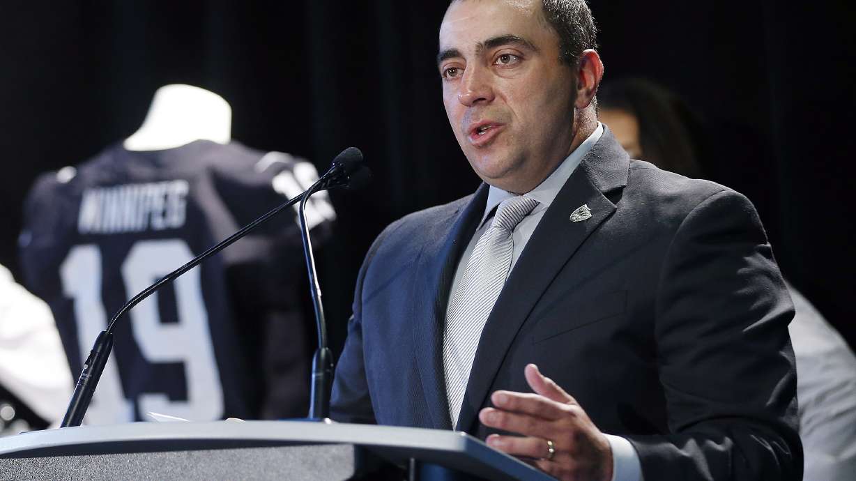 FILE - Dan Ventrelle, of the Oakland Raiders, speaks to the media, on June 5, 2019, at a press conference in Winnipeg, Manitoba. Ventrelle, the team president, has left the organization less than a year after taking over the job, owner Las Vegas Raiders Mark Davis announced in a statement Friday, May 6, 2022.
