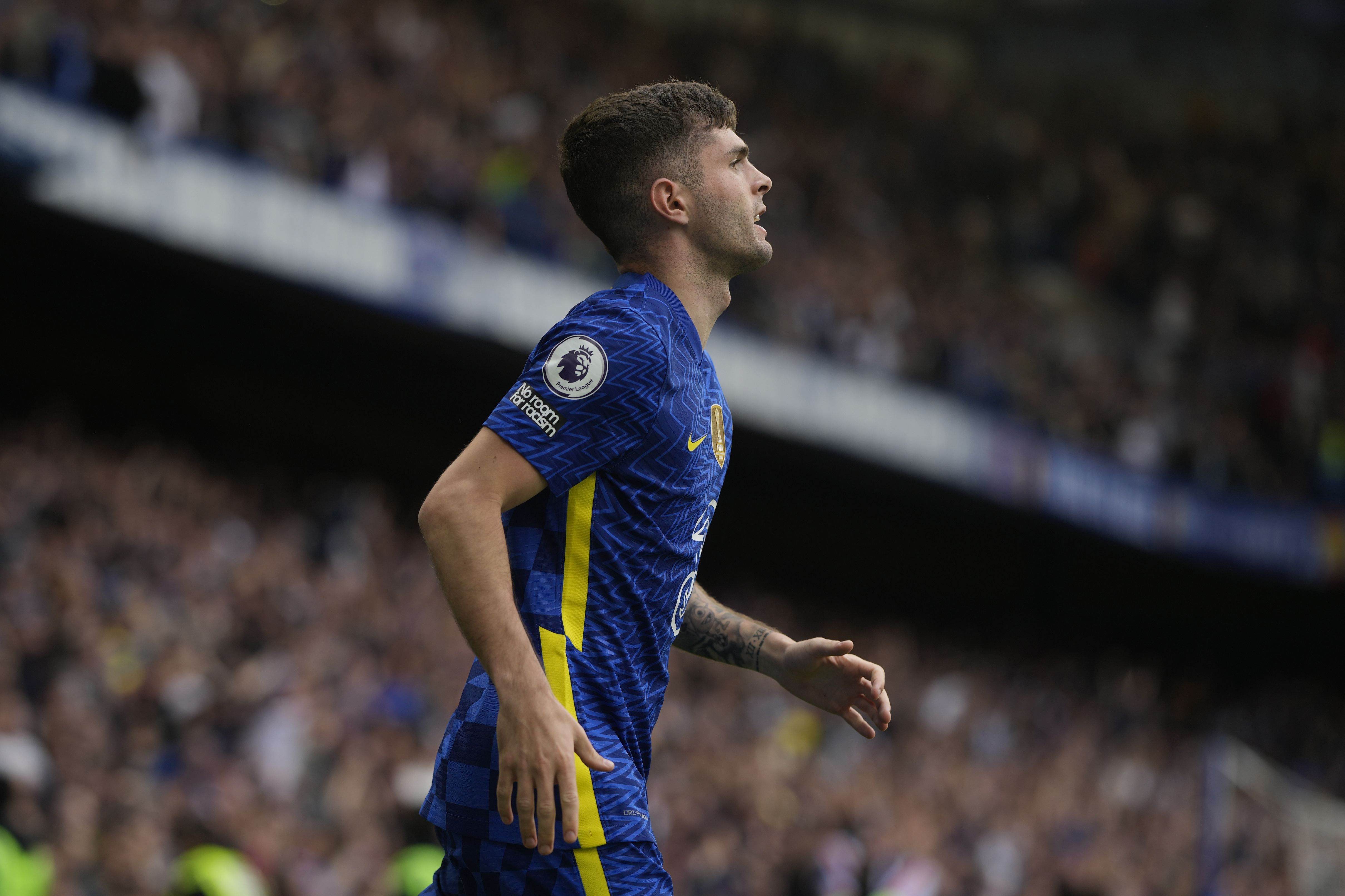 Chelsea's Christian Pulisic celebrates after scoring the only goal of the game during the English Premier League soccer match between Chelsea and West Ham United at Stamford Bridge in London, Sunday, April 24, 2022. Chelsea won the match 1-0. 