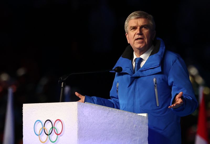 FILE PHOTO: 2022 Beijing Olympics - Closing Ceremony - National Stadium, Beijing, China - February 20, 2022. International Olympic Committee (IOC) President Thomas Bach gives a speech during the closing ceremony.