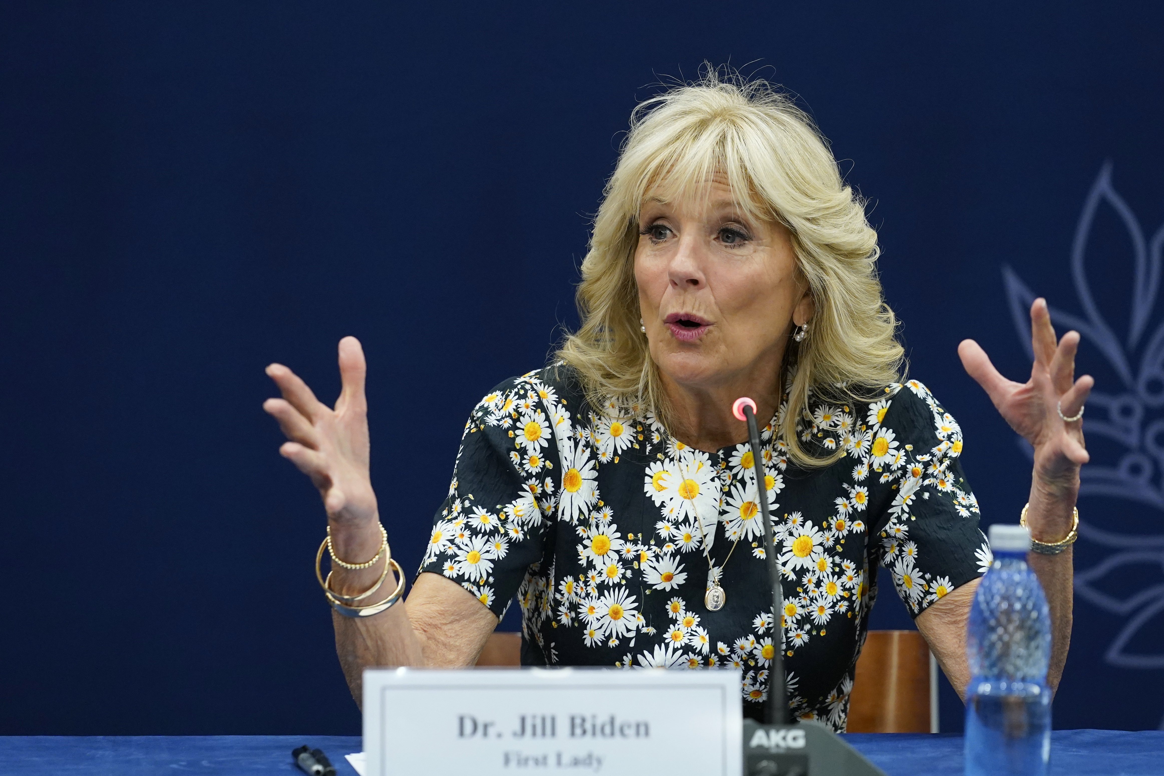 First lady Jill Biden speaks during a briefing on humanitarian efforts for those displaced by the war in Ukraine from United Nations agencies, NGOs, and the Romanian government during a visit to the U.S. Embassy in Bucharest, Romania, Saturday.