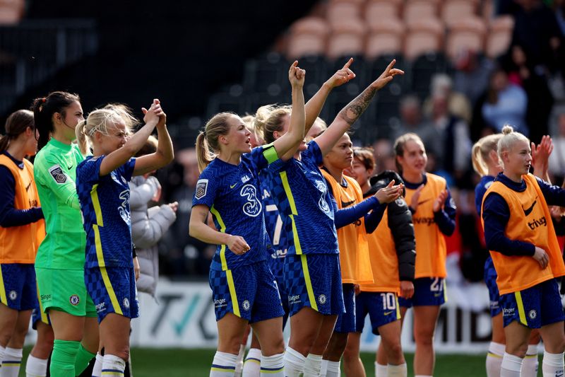 FILE PHOTO: Soccer Football - Women's Super League - Tottenham Hotspur v Chelsea - The Hive Stadium, London, Britain - April 24, 2022 Chelsea's players celebrate after the match Action Images via Reuters/Matthew Childs/File Photo