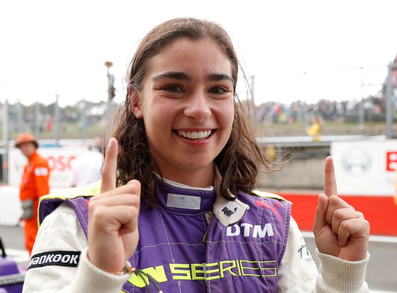 FILE PHOTO: Motorsports - W Series - Brands Hatch - Brands Hatch, West Kingsdown, Britain - August 11, 2019   Jamie Chadwick of Great Britain celebrates winning the W Series championship