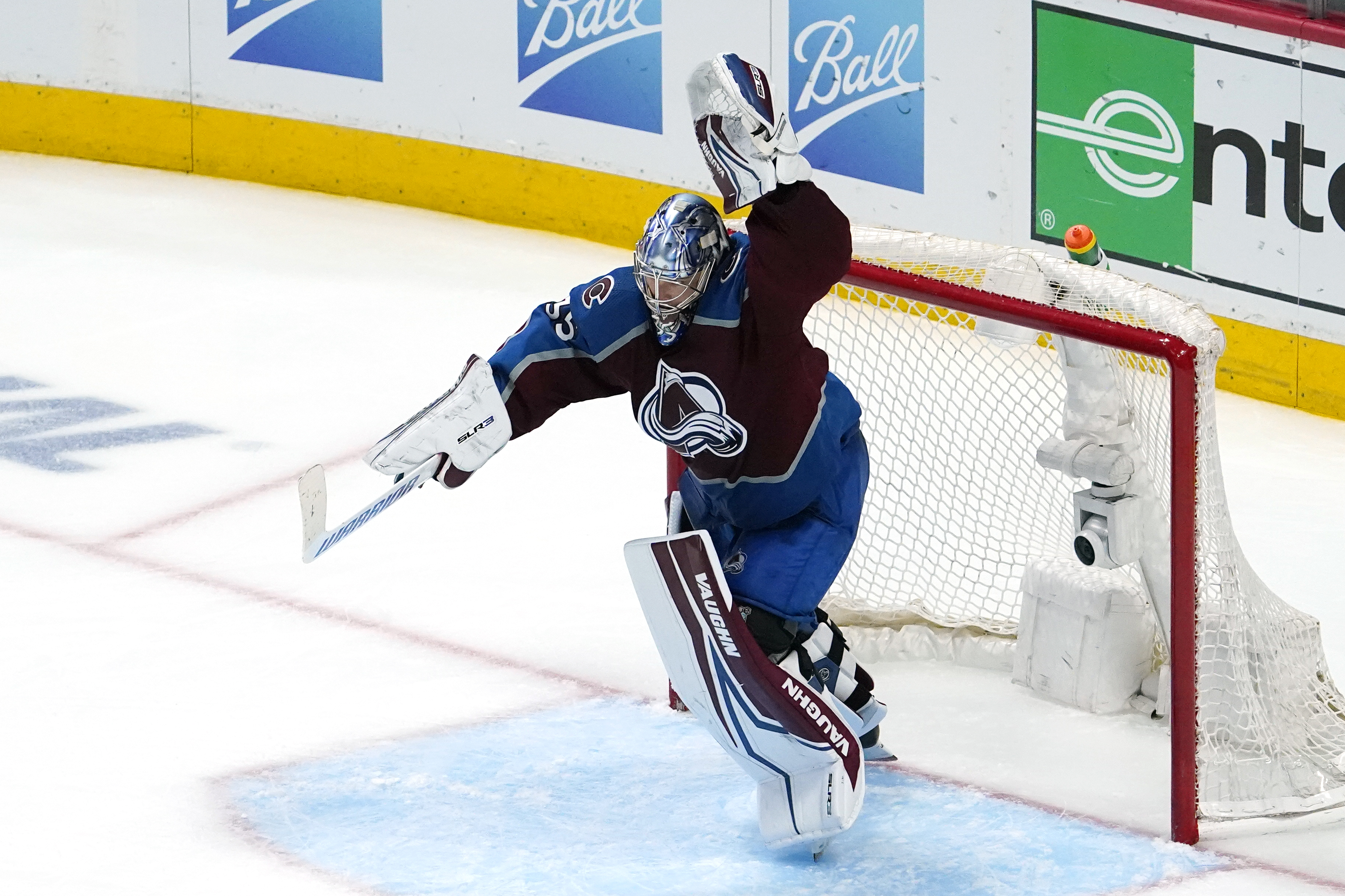 Colorado Avalanche goaltender Darcy Kuemper celebrates the team's 2-1 overtime win against the Nashville Predators in Game 2 of an NHL hockey Stanley Cup first-round playoff series Thursday, May 5, 2022, in Denver. 