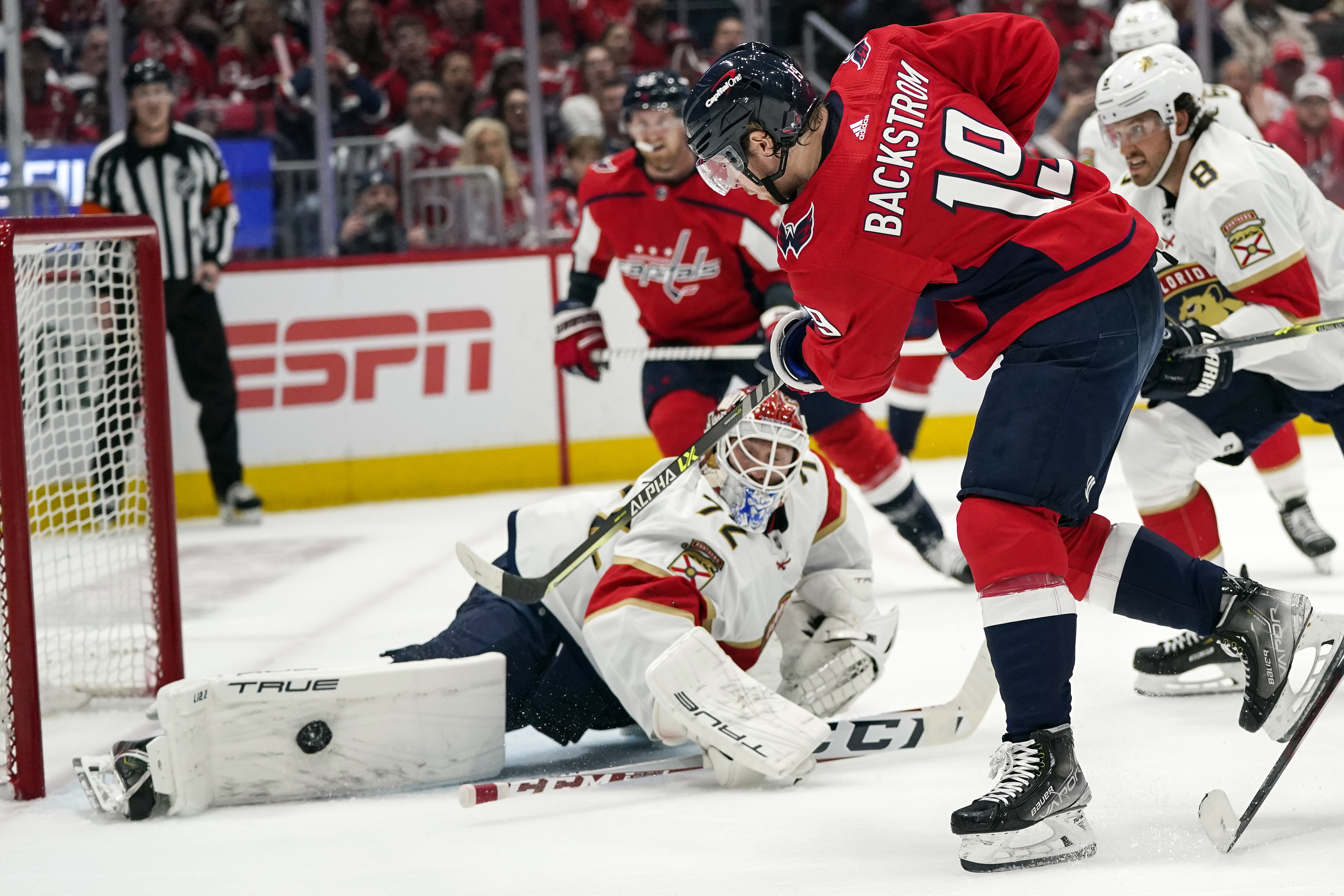 Washington Capitals center Nicklas Backstrom (19) has his shot blocked by Florida Panthers goaltender Sergei Bobrovsky (72) during the first period of Game 3 in the first-round of the NHL Stanley Cup hockey playoffs, Saturday, May 7, 2022, in Washington. 