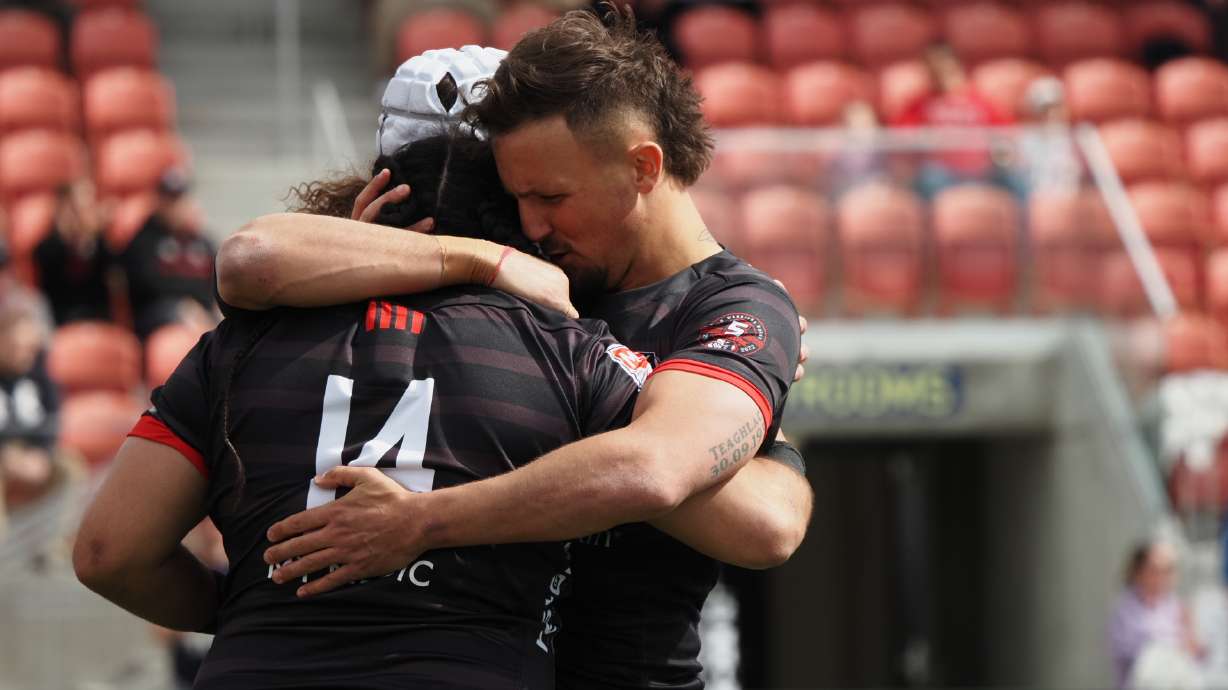 Utah Warriors' Caleb Makene (14) celebrates a try during a recent match at Zions Bank Stadium in Herriman, Utah.